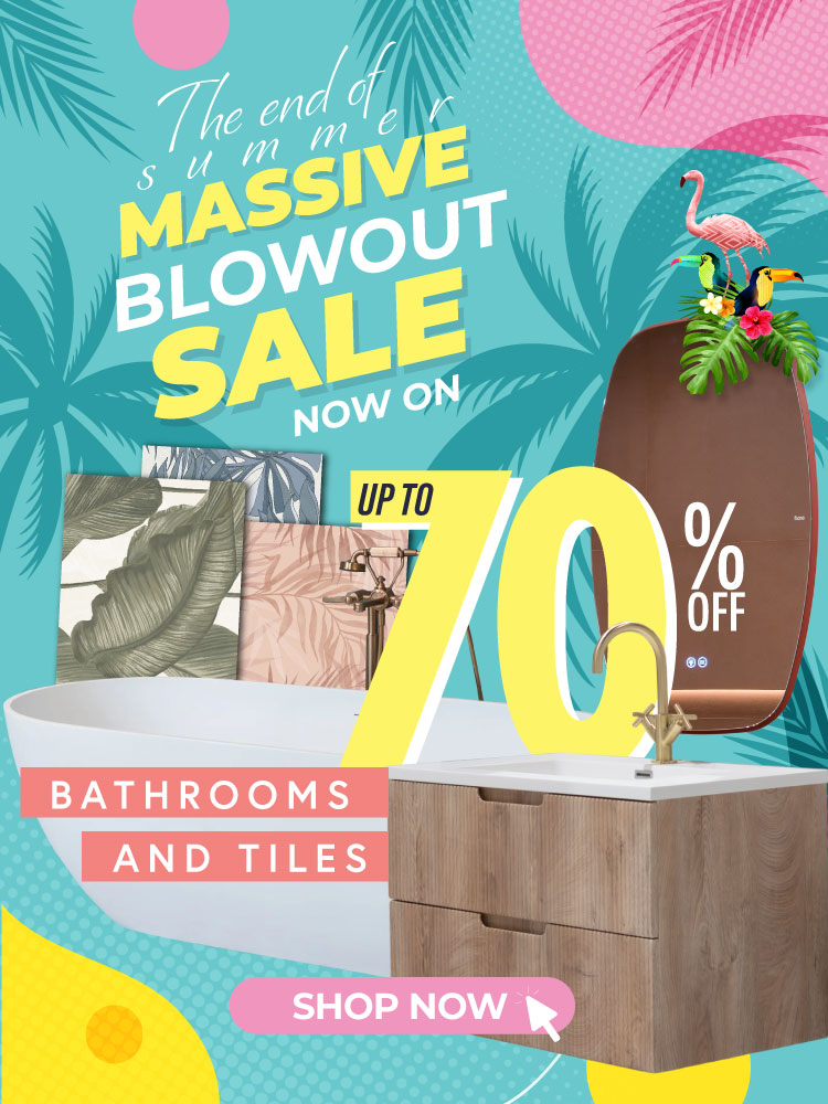 Promotional poster for a massive blowout sale on bathrooms and tiles with colorful design elements.