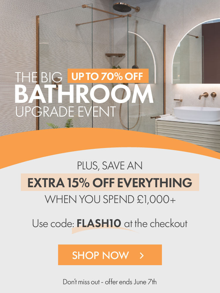 the big bathroom upgrade event with up to 70% off bathrooms and tiles and plus extra 15% off everything banner