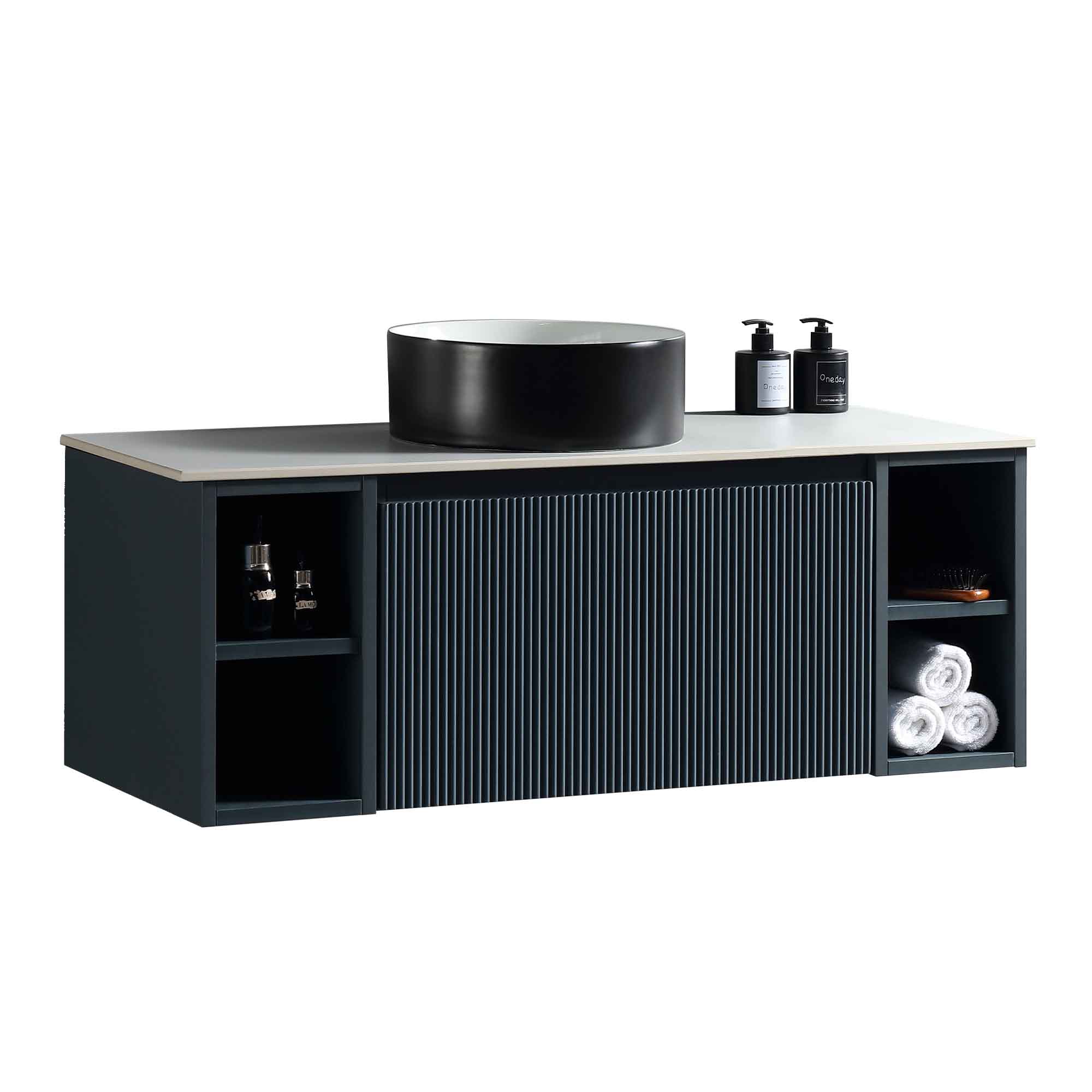 florence 1000 wall mounted vanity unit with stone worktop and 2 open shelves midnight shadow