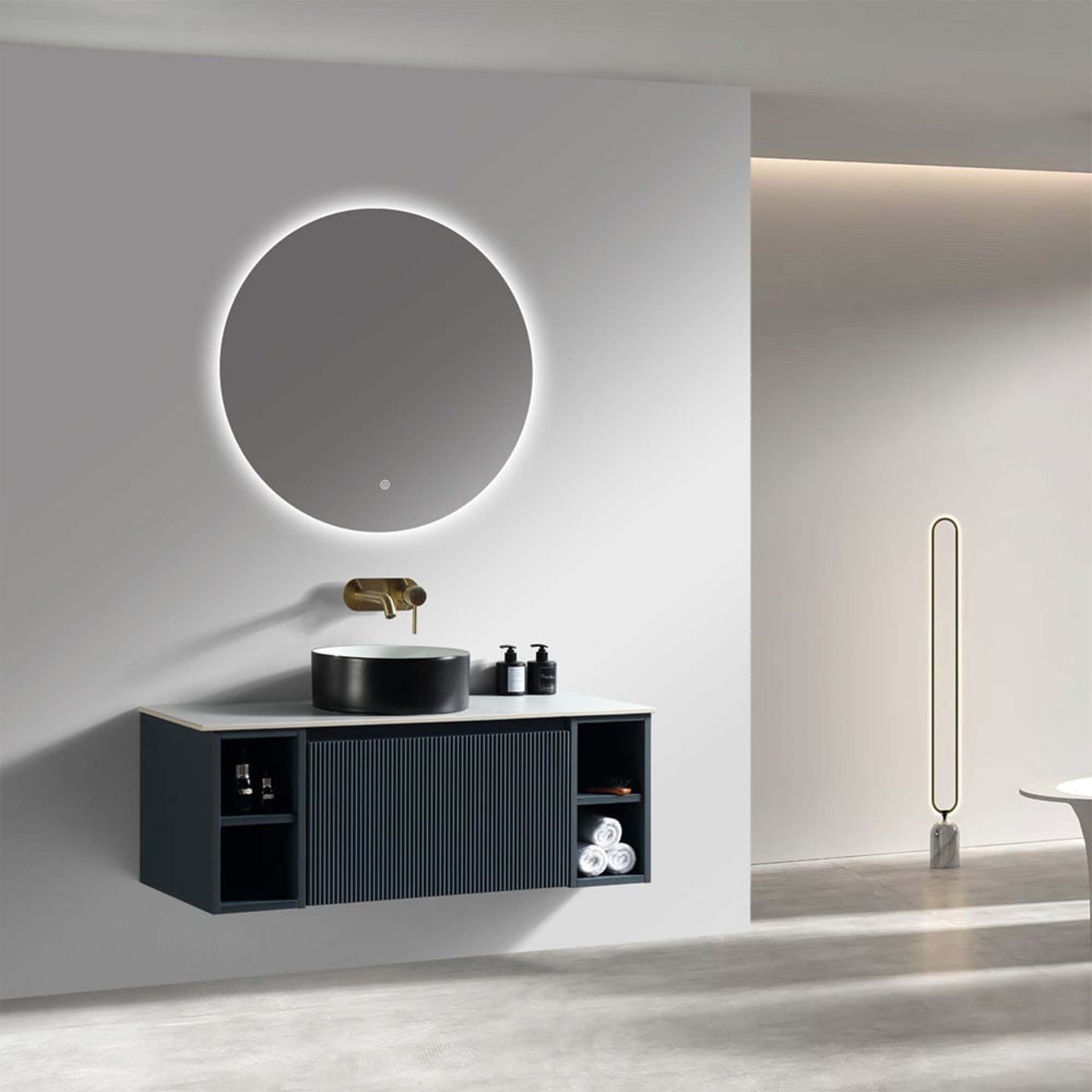 florence 1000 wall mounted vanity unit with stone worktop and 2 open shelves midnight shadow