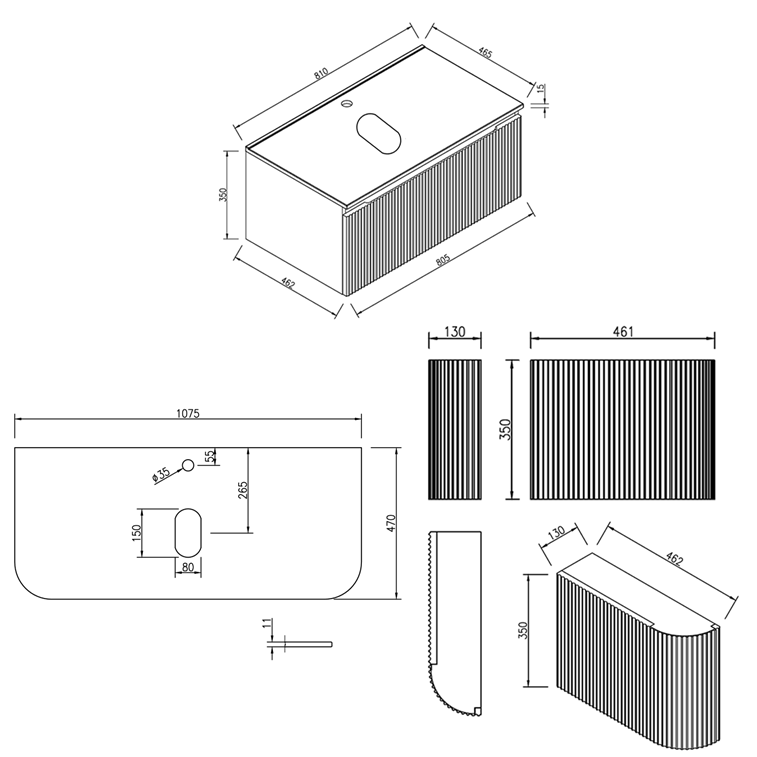 florence 1070mm curved country oak fluted wall mounted vanity unit with sintered stone countertop dimensions