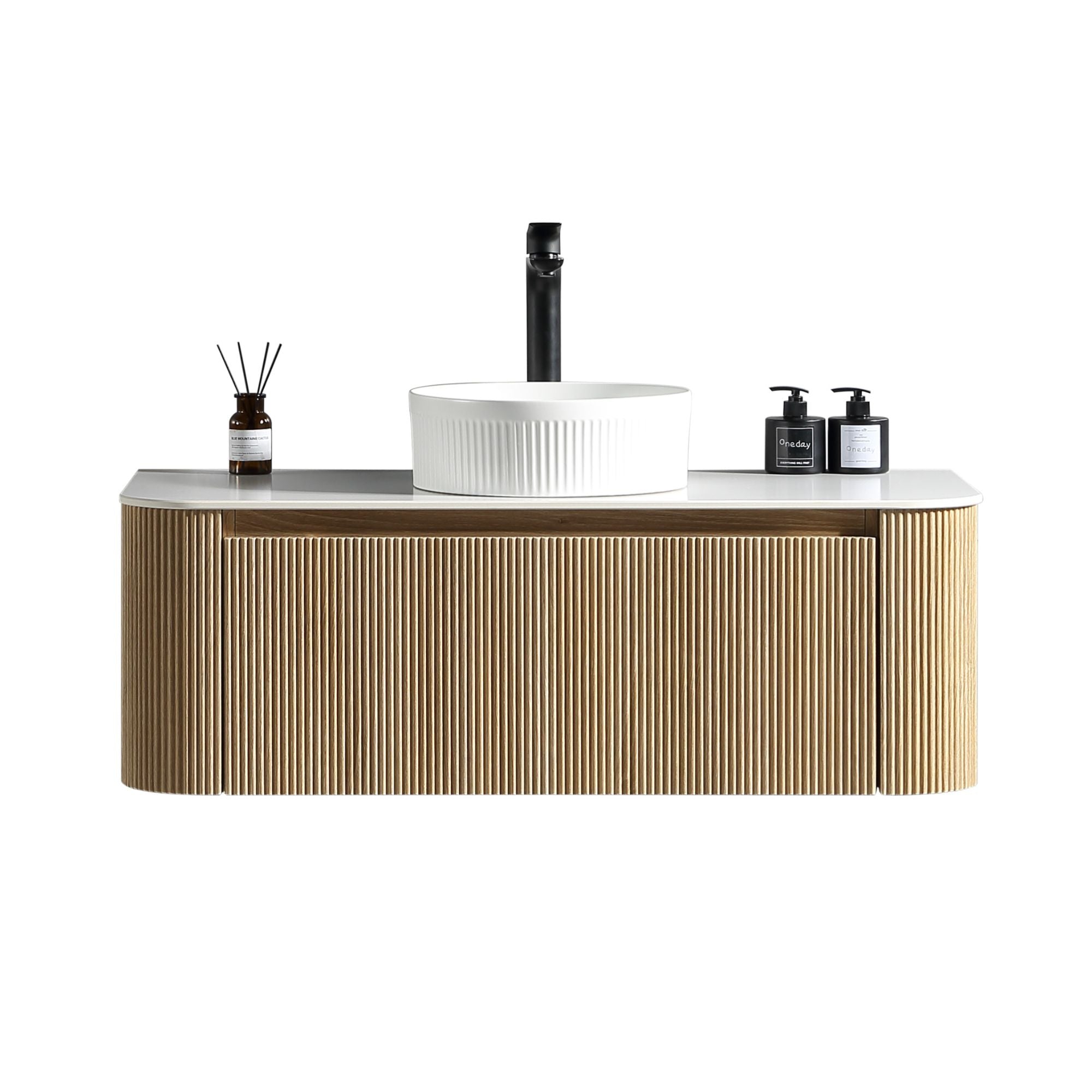 florence 1070mm curved country oak fluted wall mounted vanity unit with sintered stone countertop