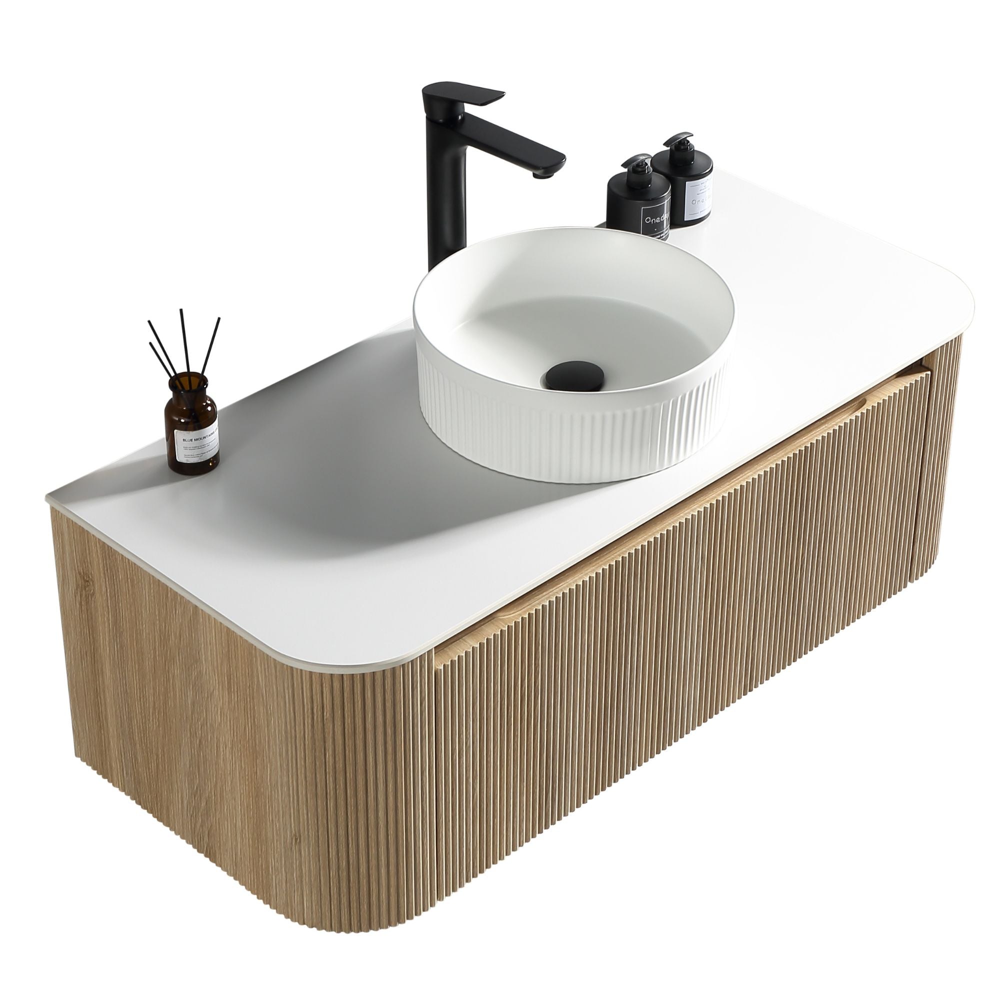 florence 1070mm curved country oak fluted wall mounted vanity unit with sintered stone countertop