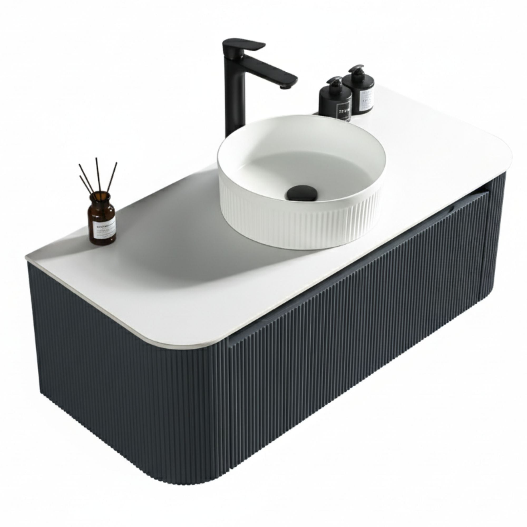 Florence Fluted Curved Wall Mounted Vanity Unit With Worktop Midnight Shadow