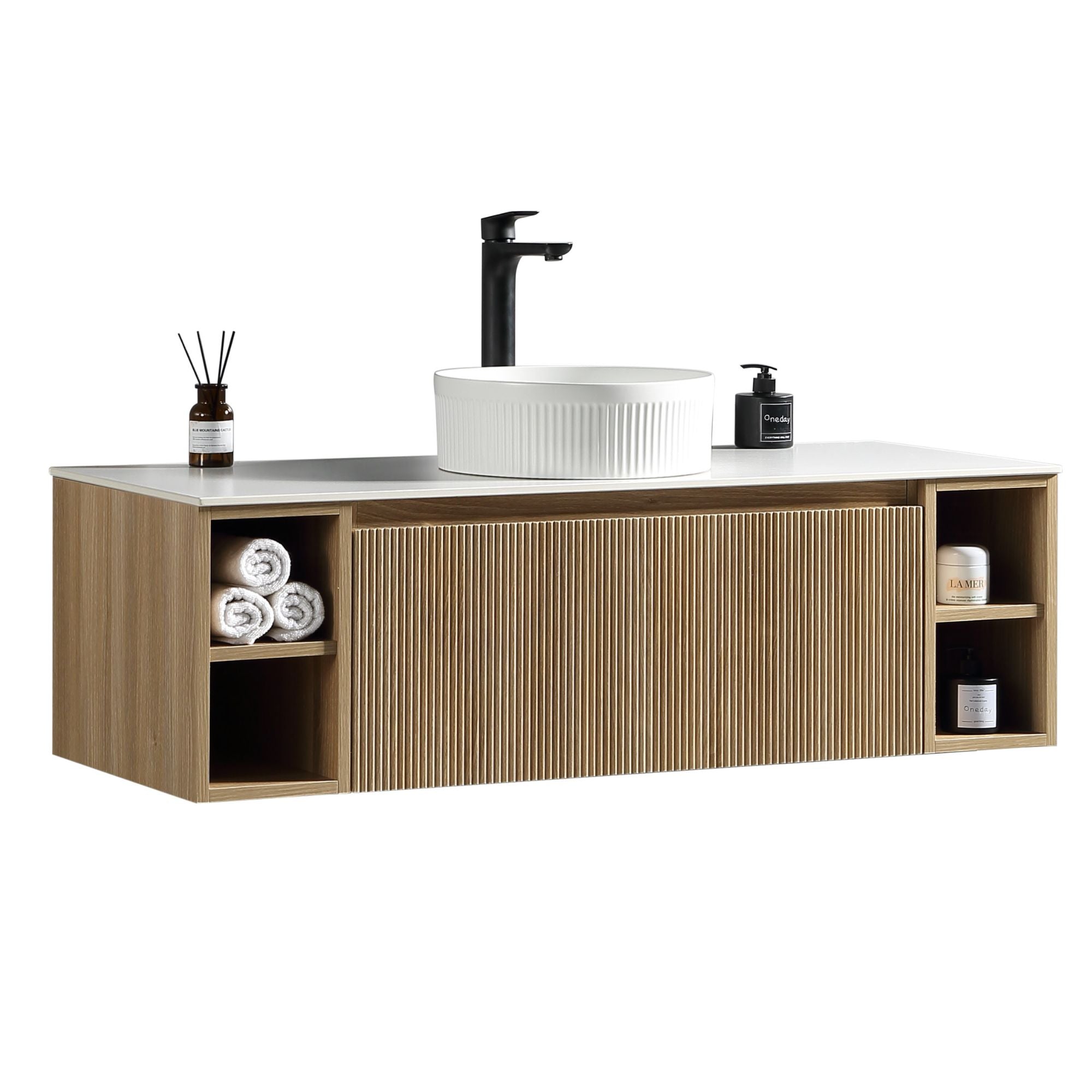florence 1200mm wall mounted vanity unit with stone worktop and 2 open shelves country oak