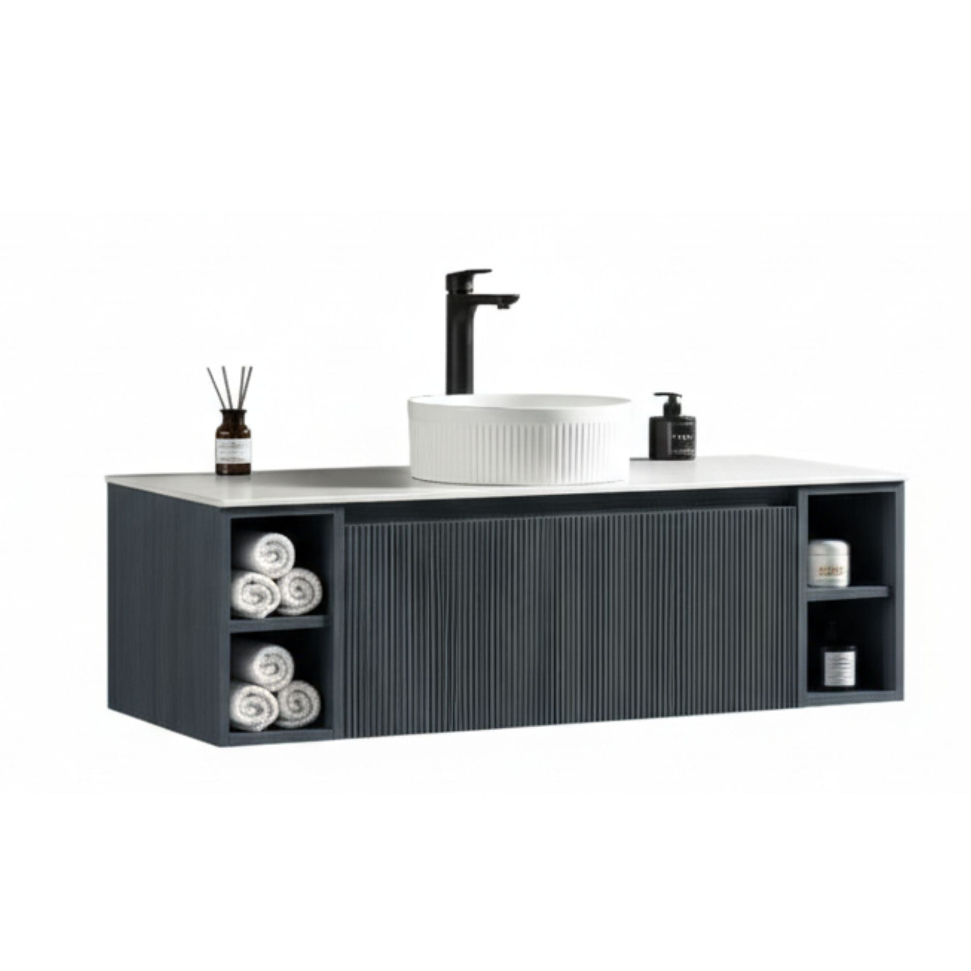 florence 1200 wall mounted vanity unit with stone worktop and 2 open shelves midnight shadow