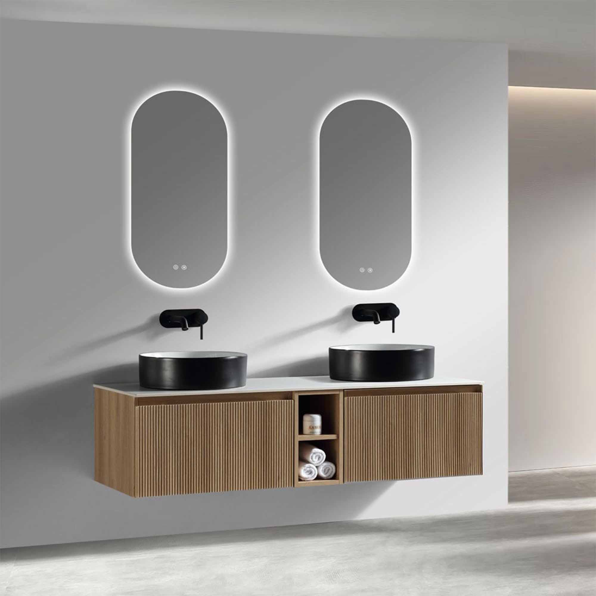 florence 1400 wall mounted double vanity unit with stone worktop and central open shelf country oak