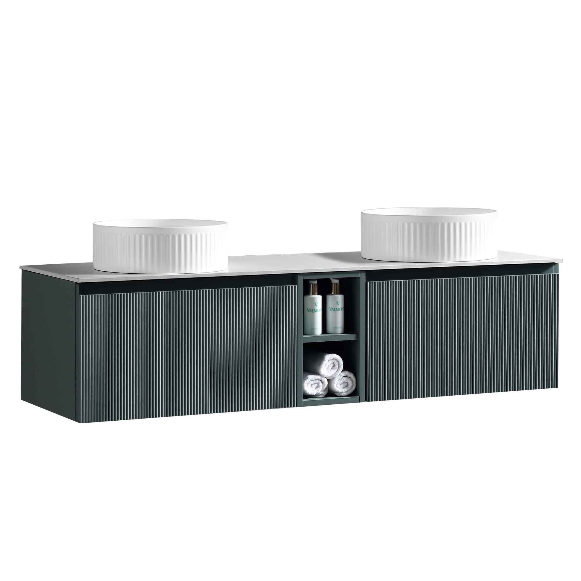 florence 1400 wall mounted double vanity unit with stone worktop and central open shelf smoked sage