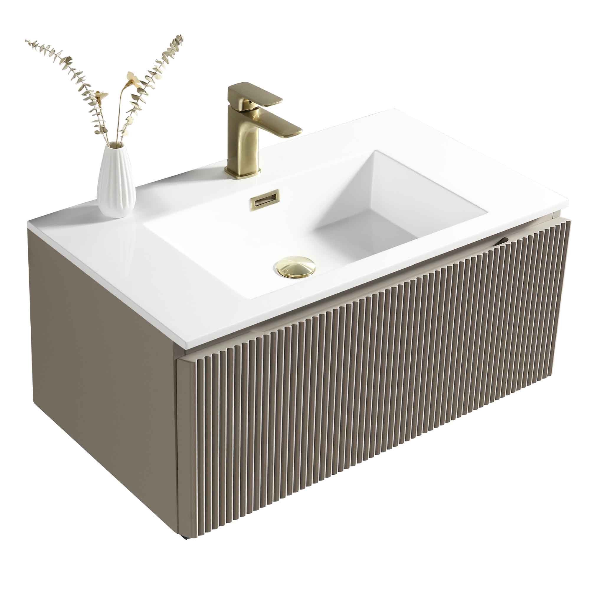 florence 800mm soft coffee fluted wall mounted vanity unit with matt white poly marble washbasin