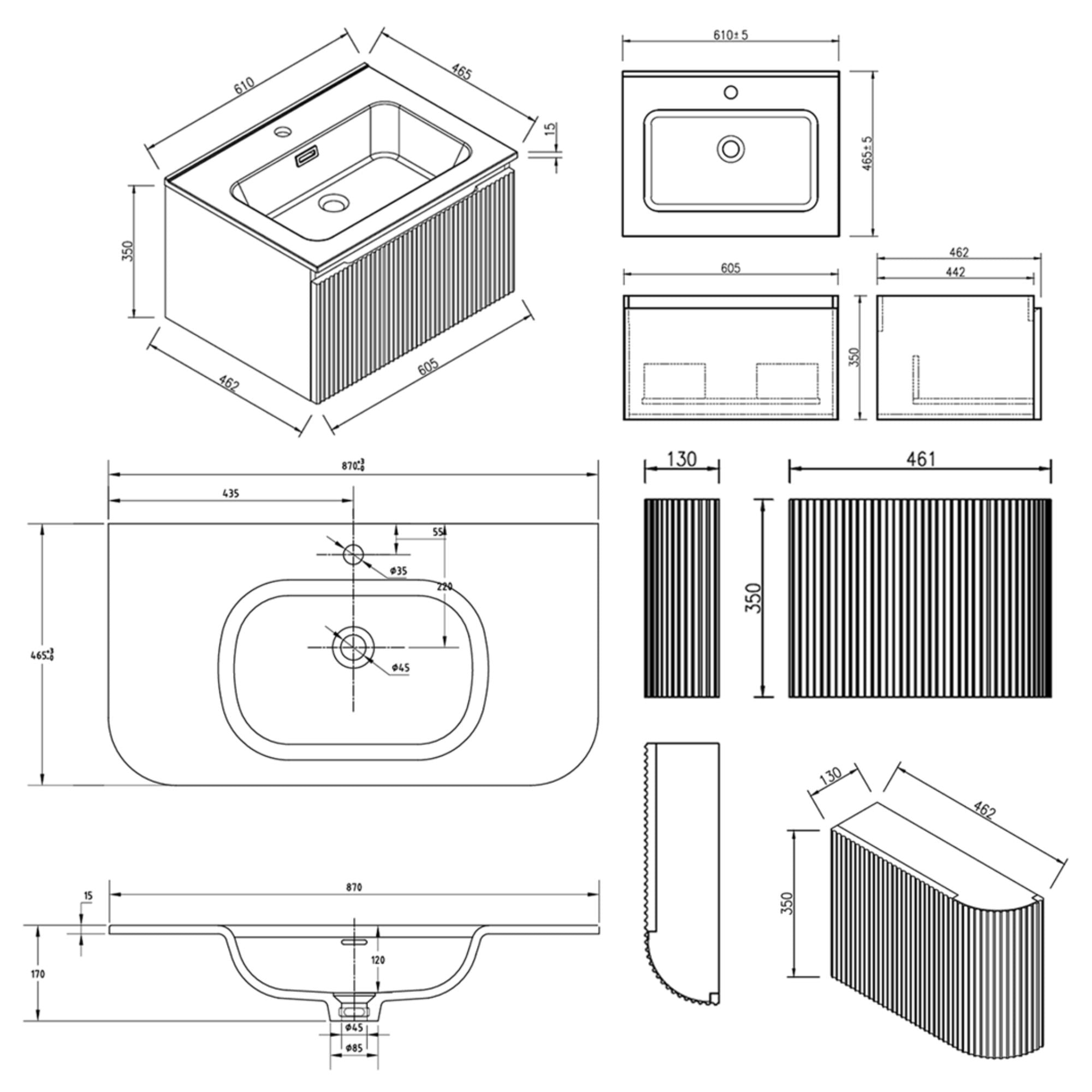 Florence Fluted 870mm Curved Wall Mounted Vanity Unit With Matt Stone Basin Country Oak Dimensions Deluxe Bathrooms