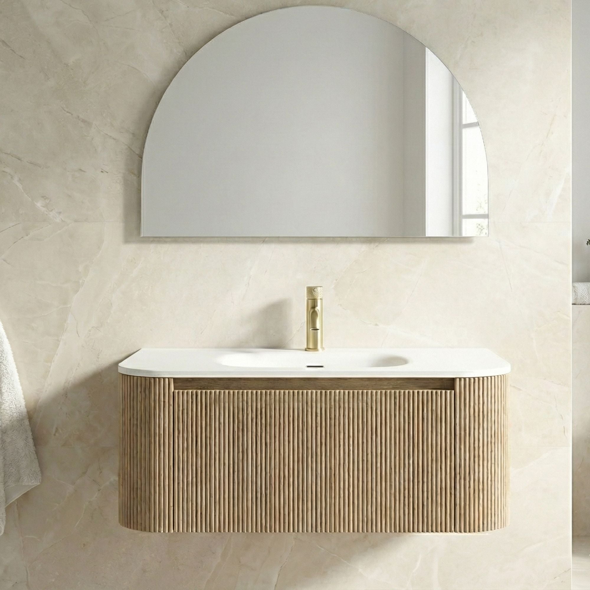 Florence Fluted 870mm Curved Wall Mounted Vanity Unit With Matt Stone Basin Country Oak Lifestyle Image Deluxe Bathrooms