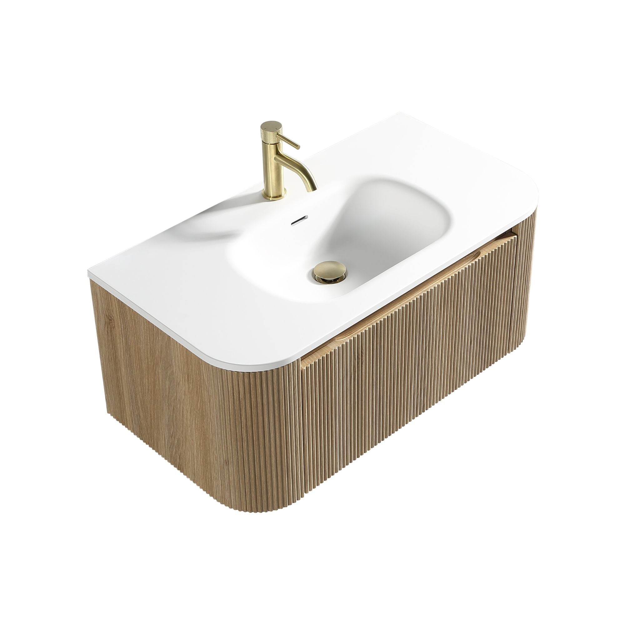 Florence Fluted 870mm Curved Wall Mounted Vanity Unit With Matt Stone Basin Country Oak Deluxe Bathrooms
