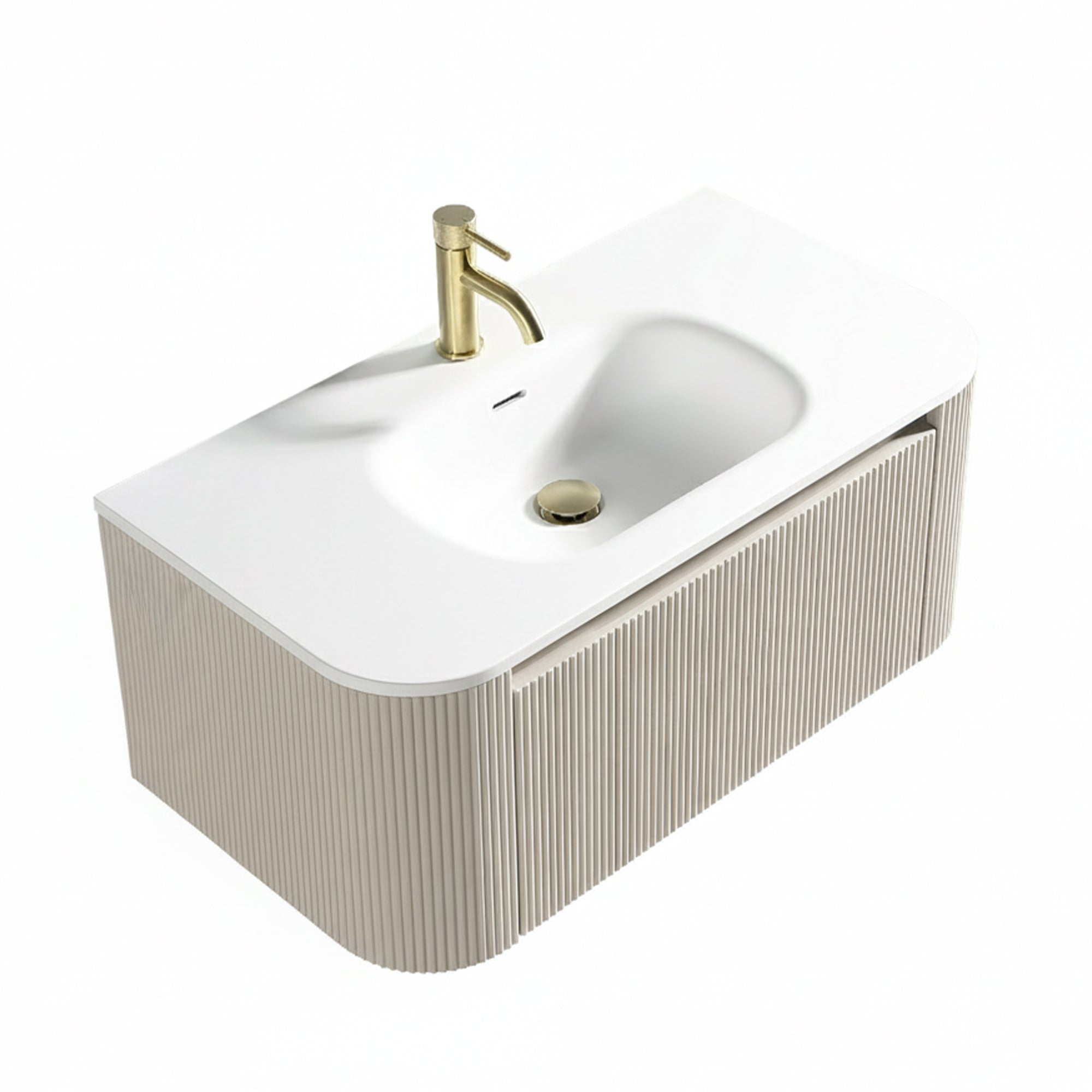 Florence Fluted 870mm Curved Wall Mounted Vanity Unit With Matt Stone Basin Soft Coffee Deluxe Bathrooms