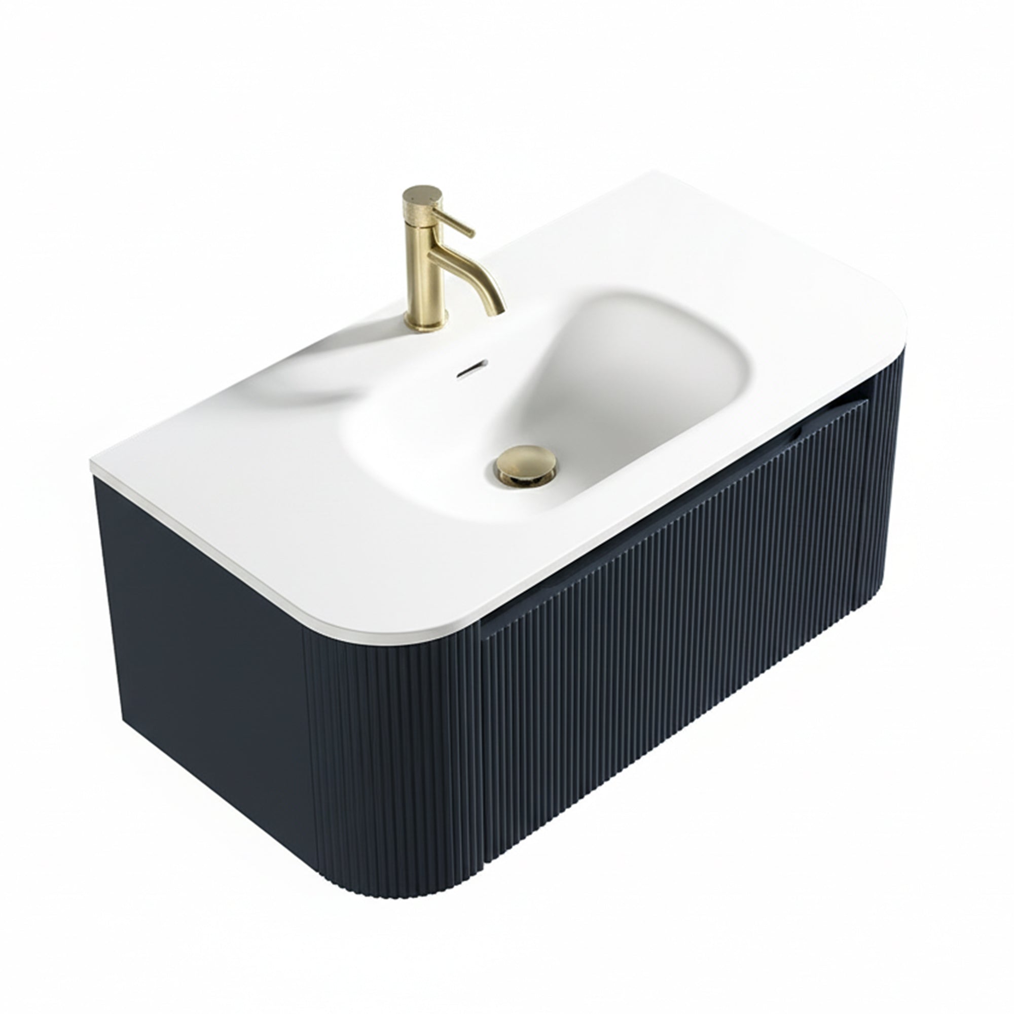 florence 870 wall mounted curved vanity unit with matt white stone basin midnight shadow