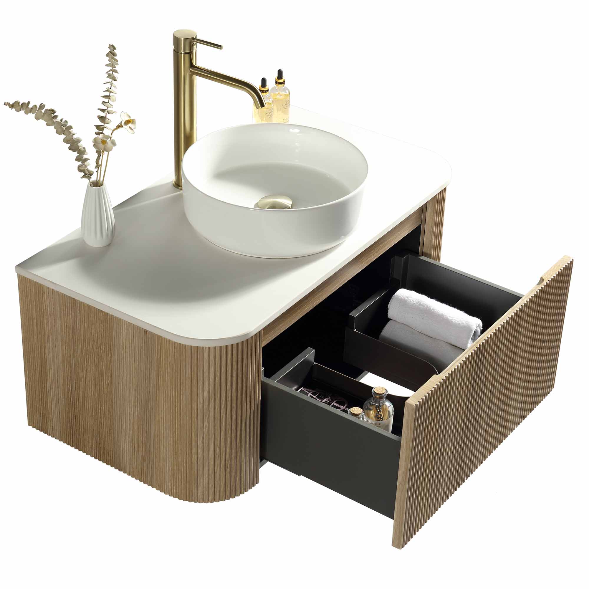 florence 870mm curved country oak fluted wall mounted vanity unit with sintered stone countertop