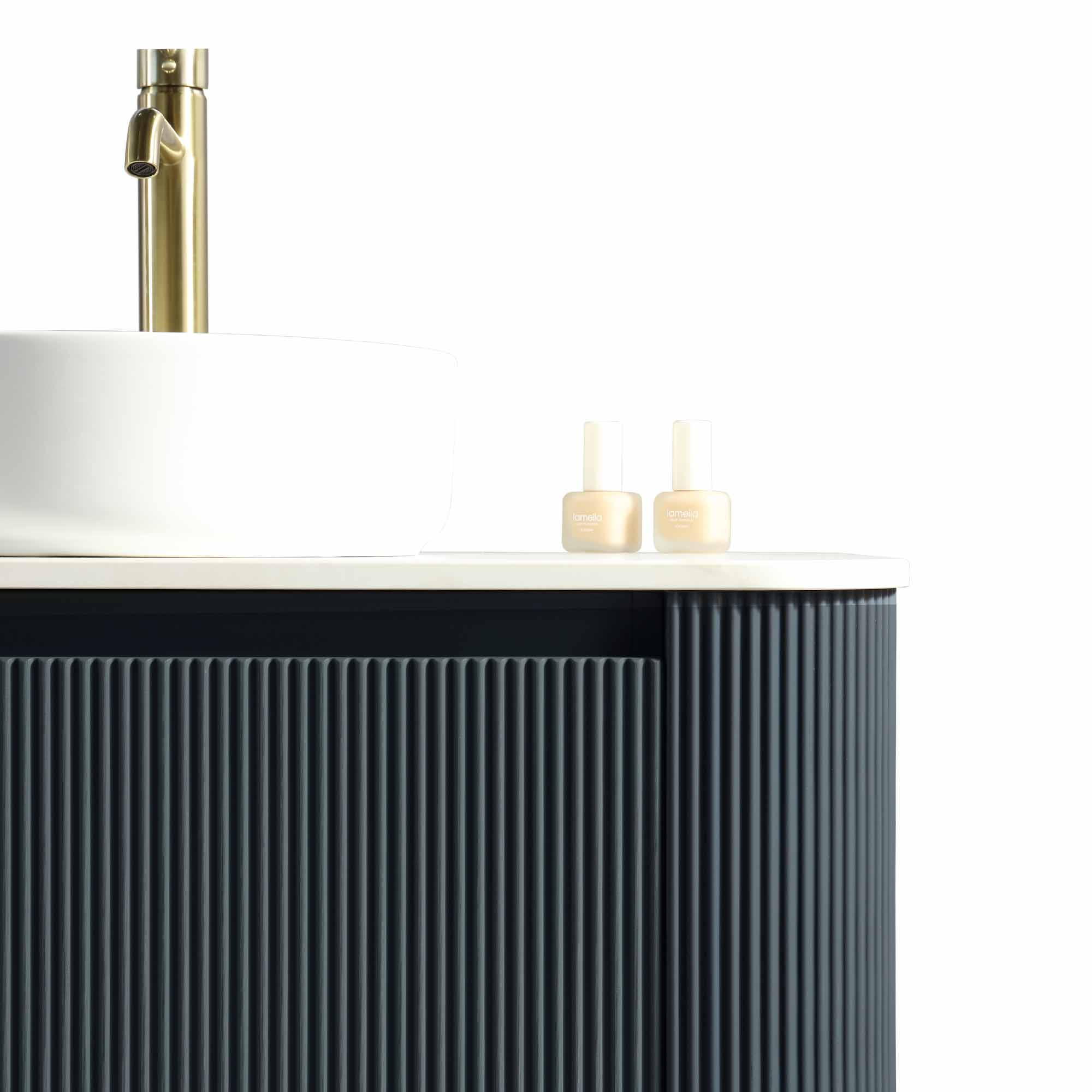 florence 870mm curved midnight shadow fluted wall mounted vanity unit with sintered stone countertop