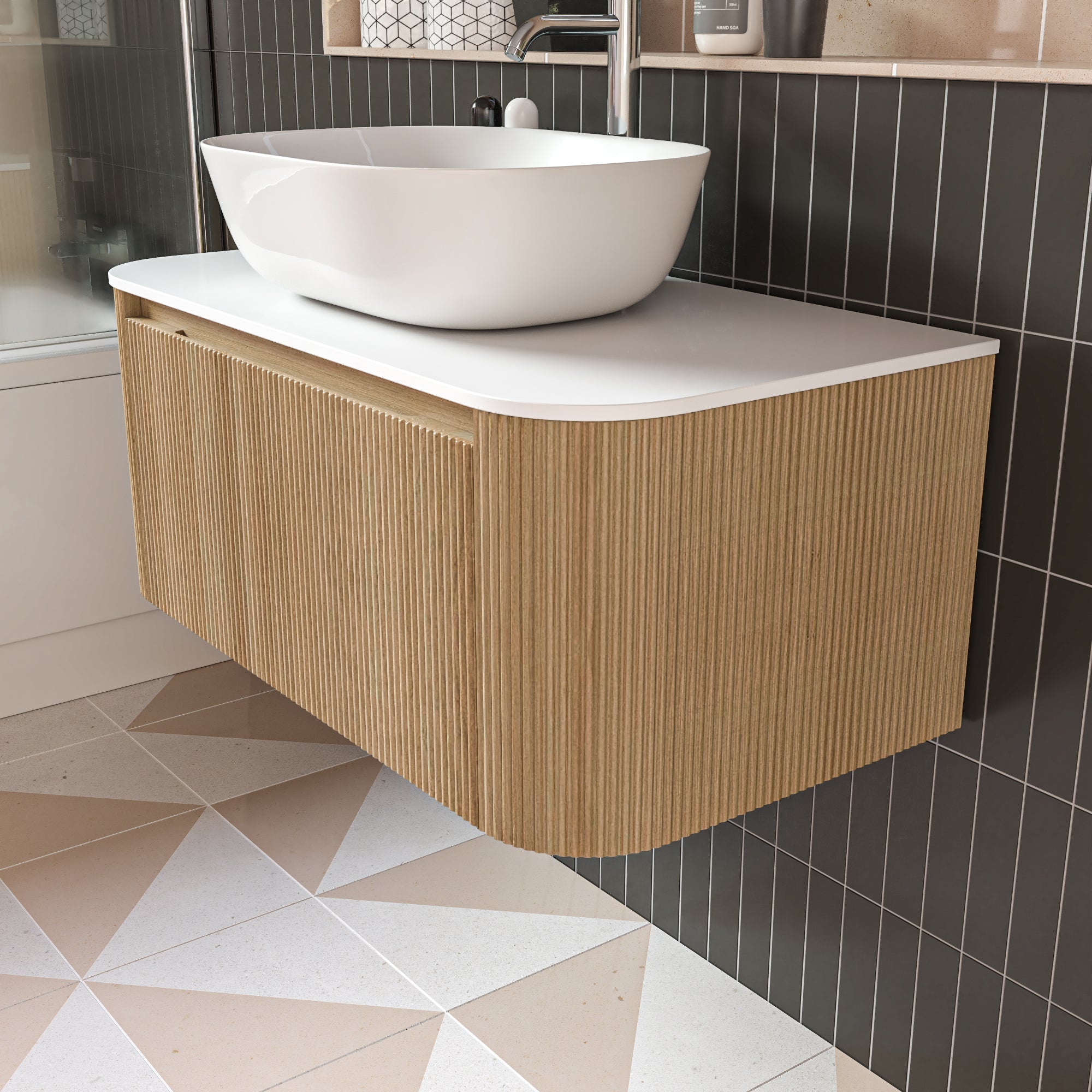 Florence Fluted 870 Curved Wall Mounted Vanity Unit With Worktop - Country Oak