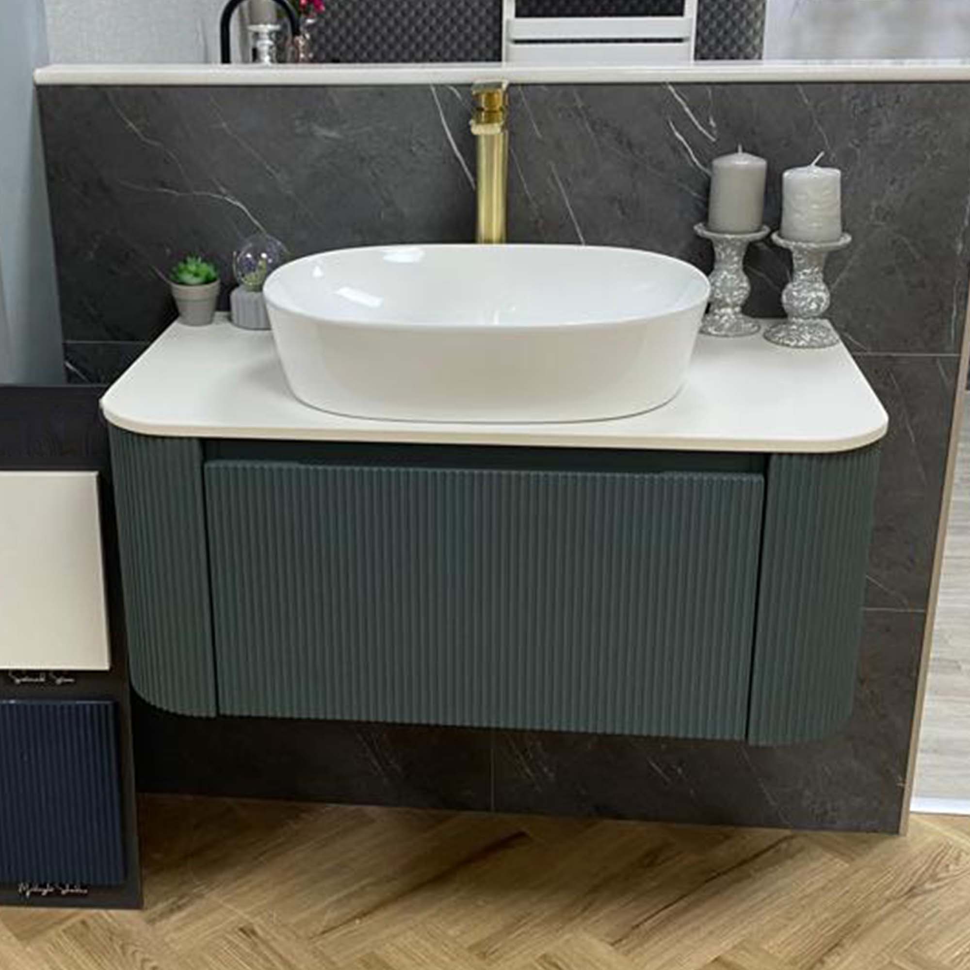 florence 870mm curved smoked sage fluted wall mounted vanity unit with sintered stone countertop