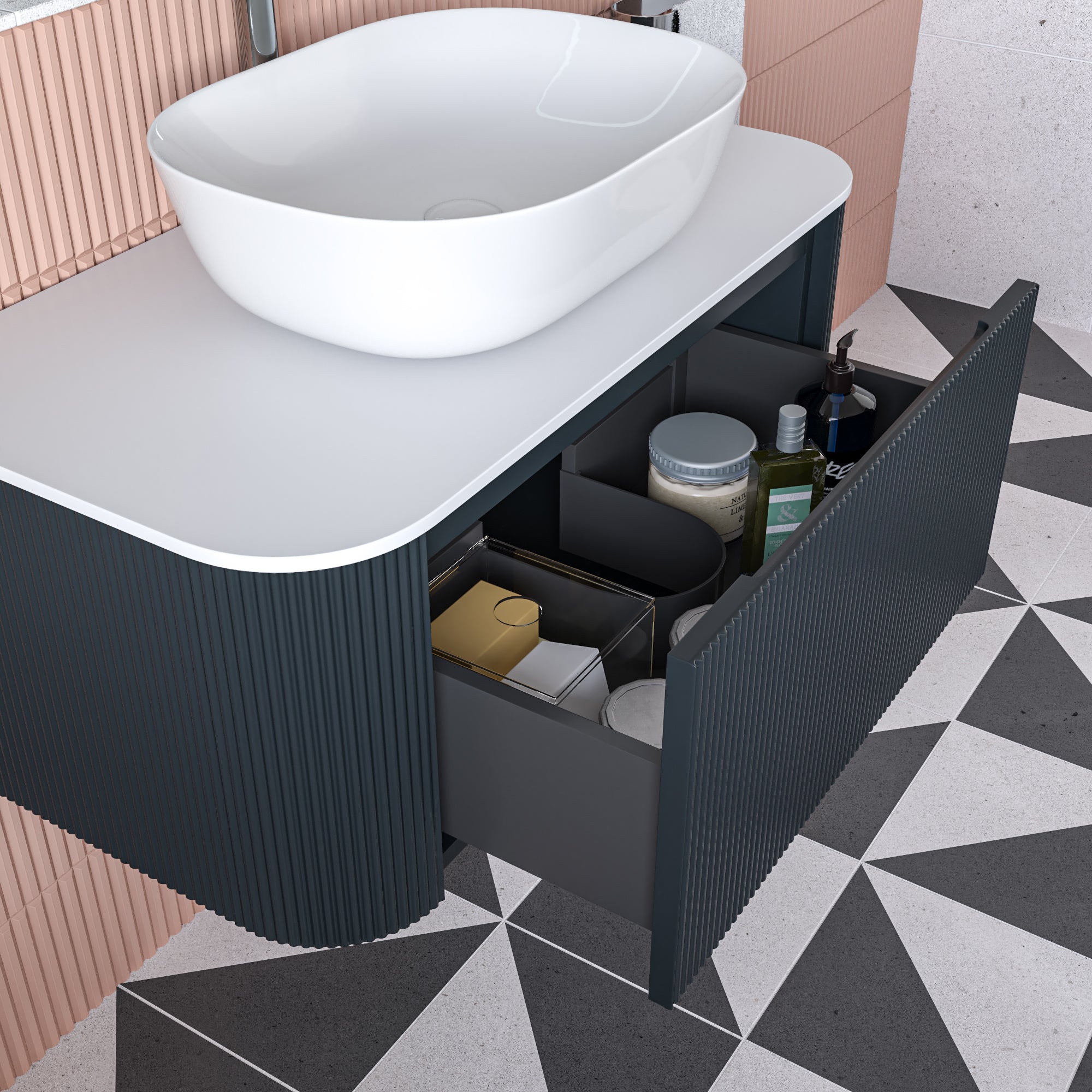 Florence Fluted 870 Curved Wall Mounted Vanity Unit With Worktop - Midnight Shadow