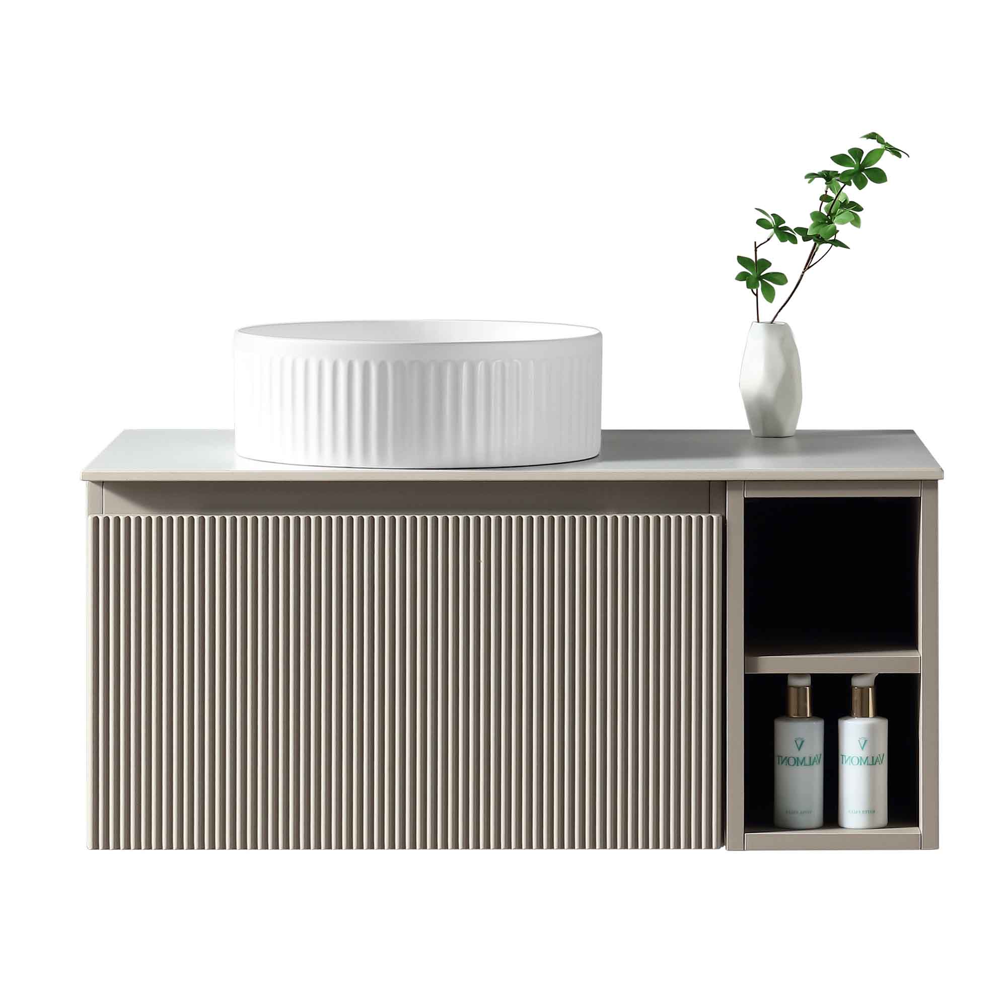 florence fluted 800 wall mounted vanity unit with side storage and left hand stone worktop soft coffee