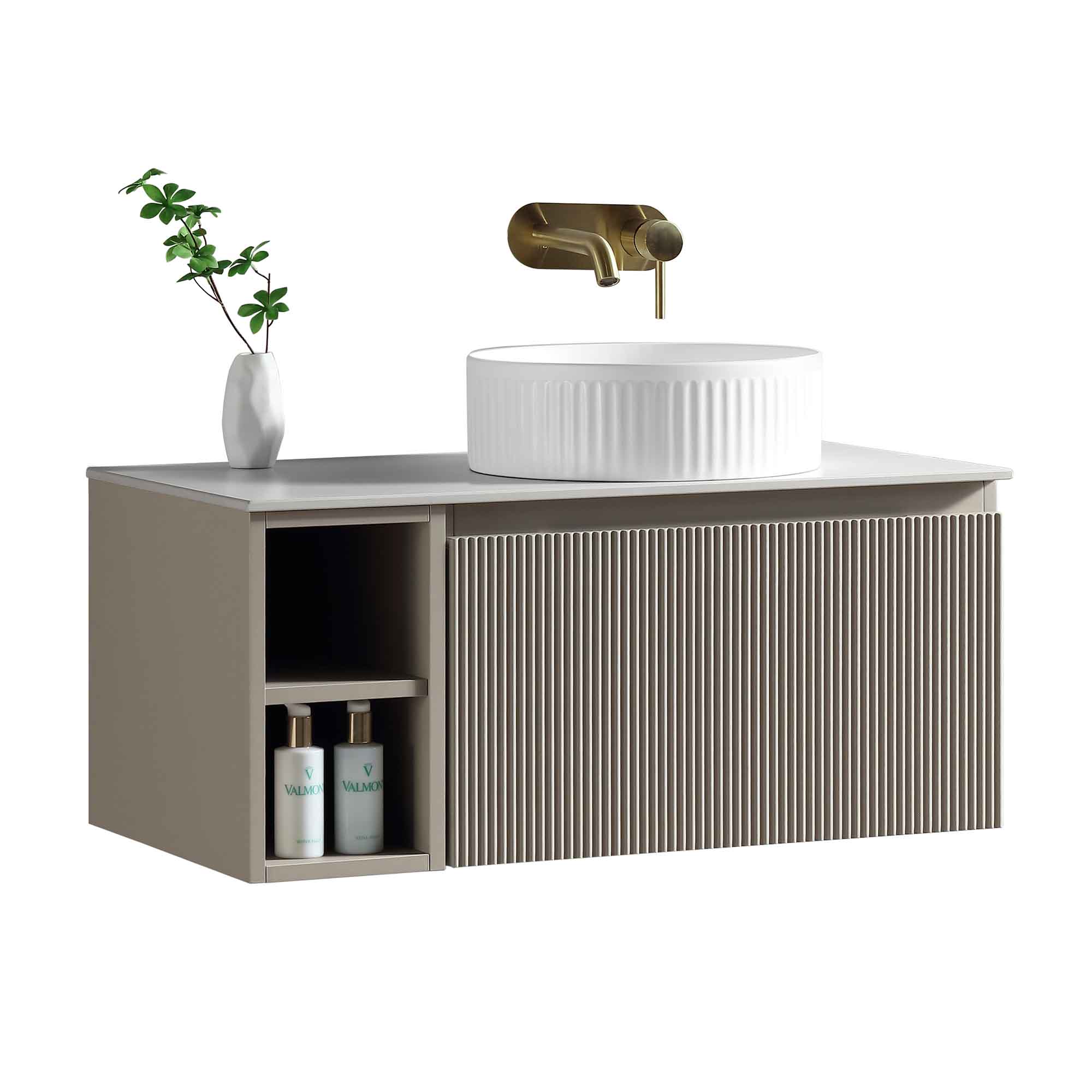 florence fluted 800 wall mounted vanity unit with side storage and right hand stone worktop soft coffee