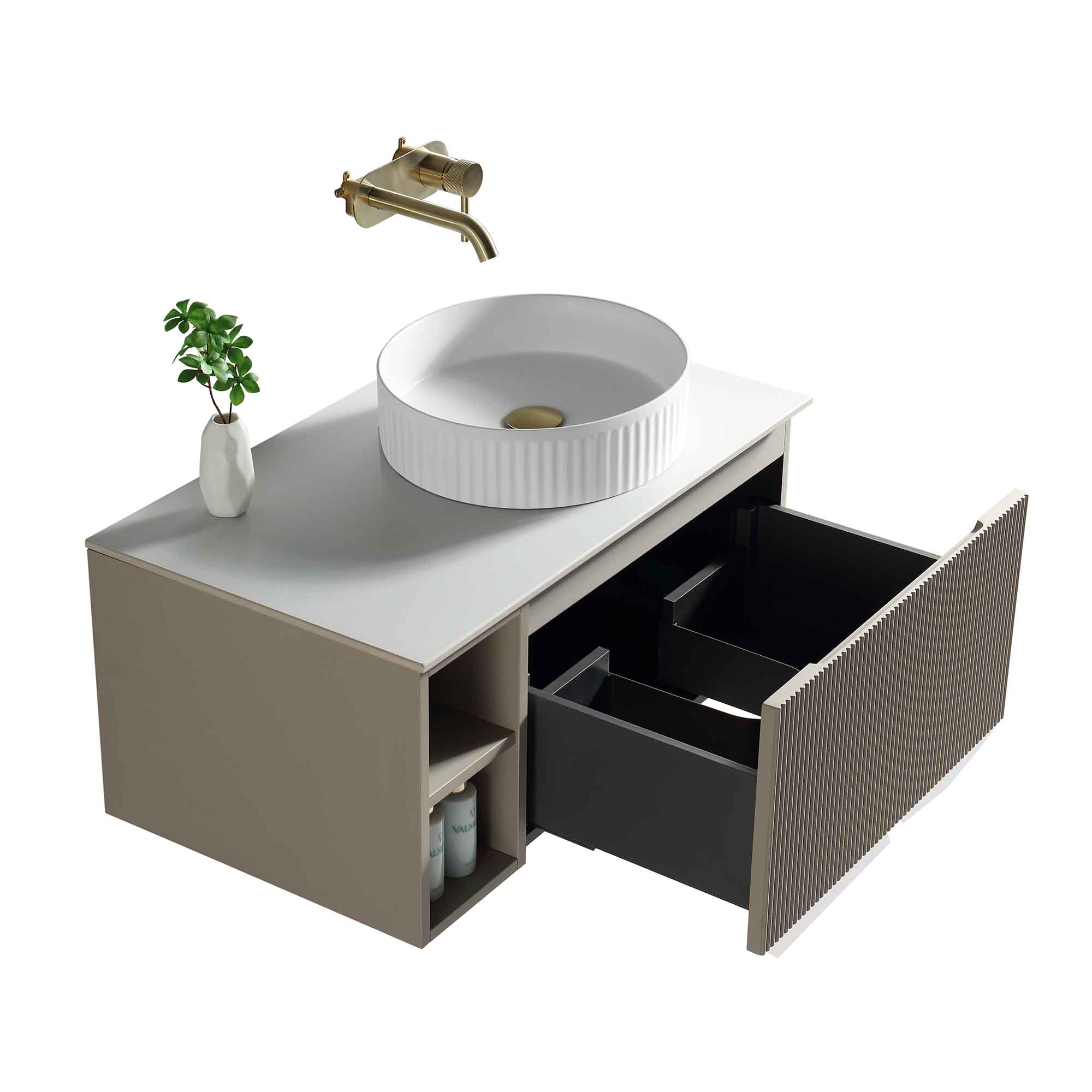 florence fluted 800 wall mounted vanity unit with side storage and right hand stone worktop soft coffee