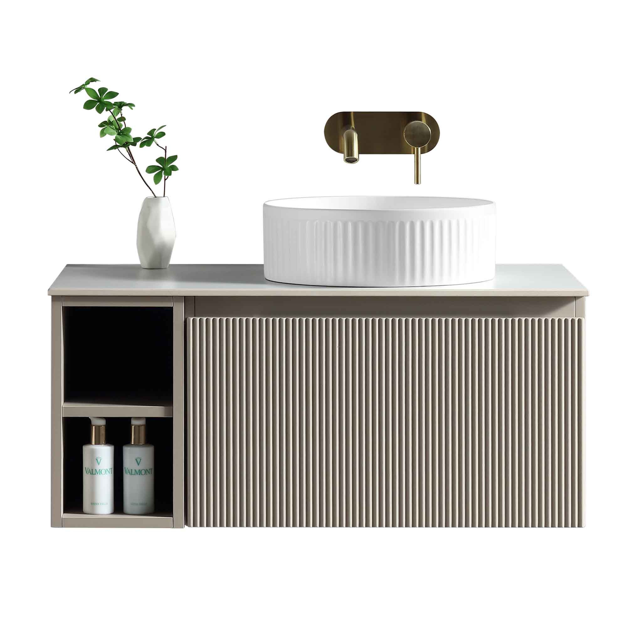 florence fluted 800 wall mounted vanity unit with side storage and right hand stone worktop soft coffee