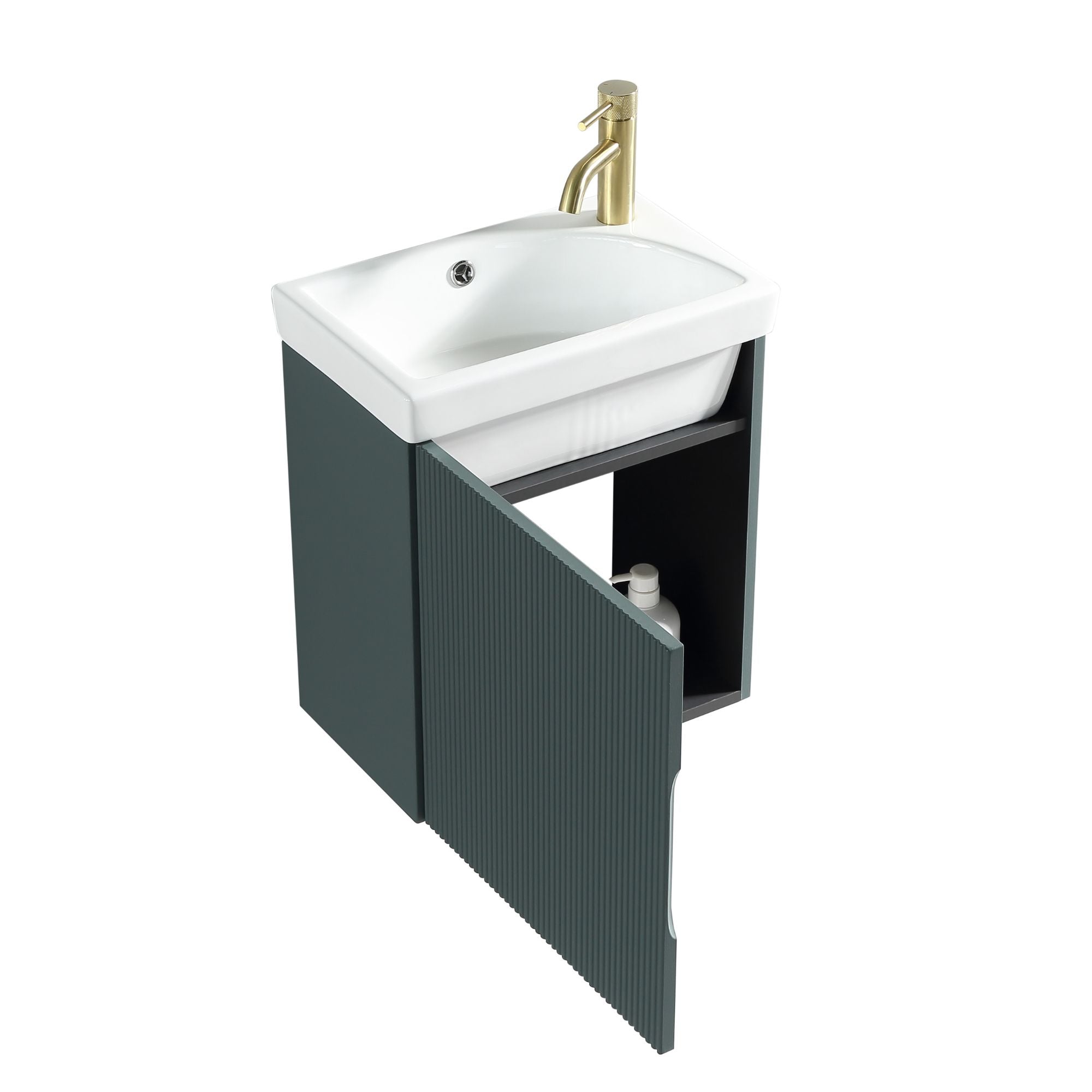 Florence Fluted Wall Mounted Cloakroom Vanity Unit With Ceramic Basin Smoked Sage Deluxe Bathrooms