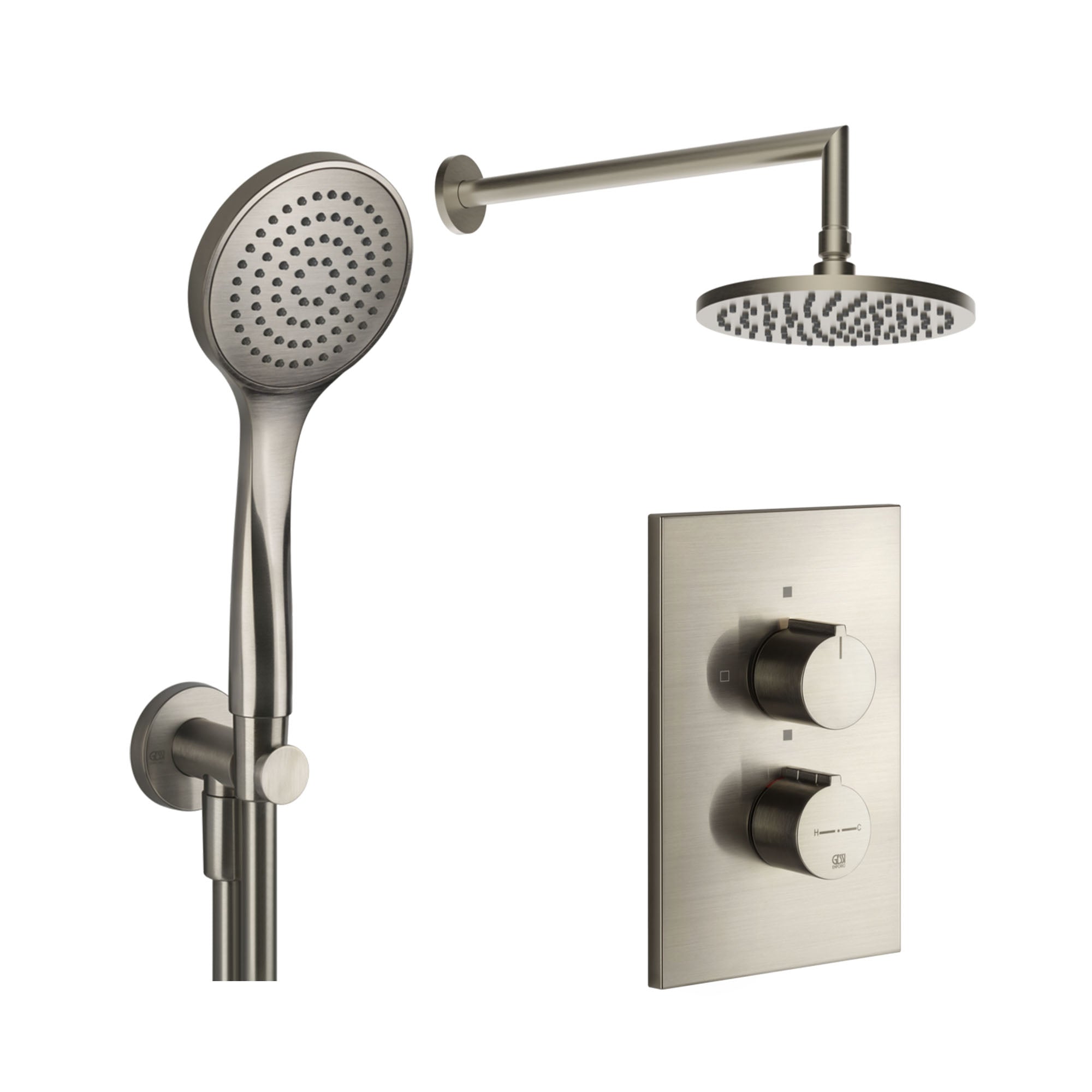 gessi dual outlet thermostatic shower valve with handset and overhead finox brushed nickel