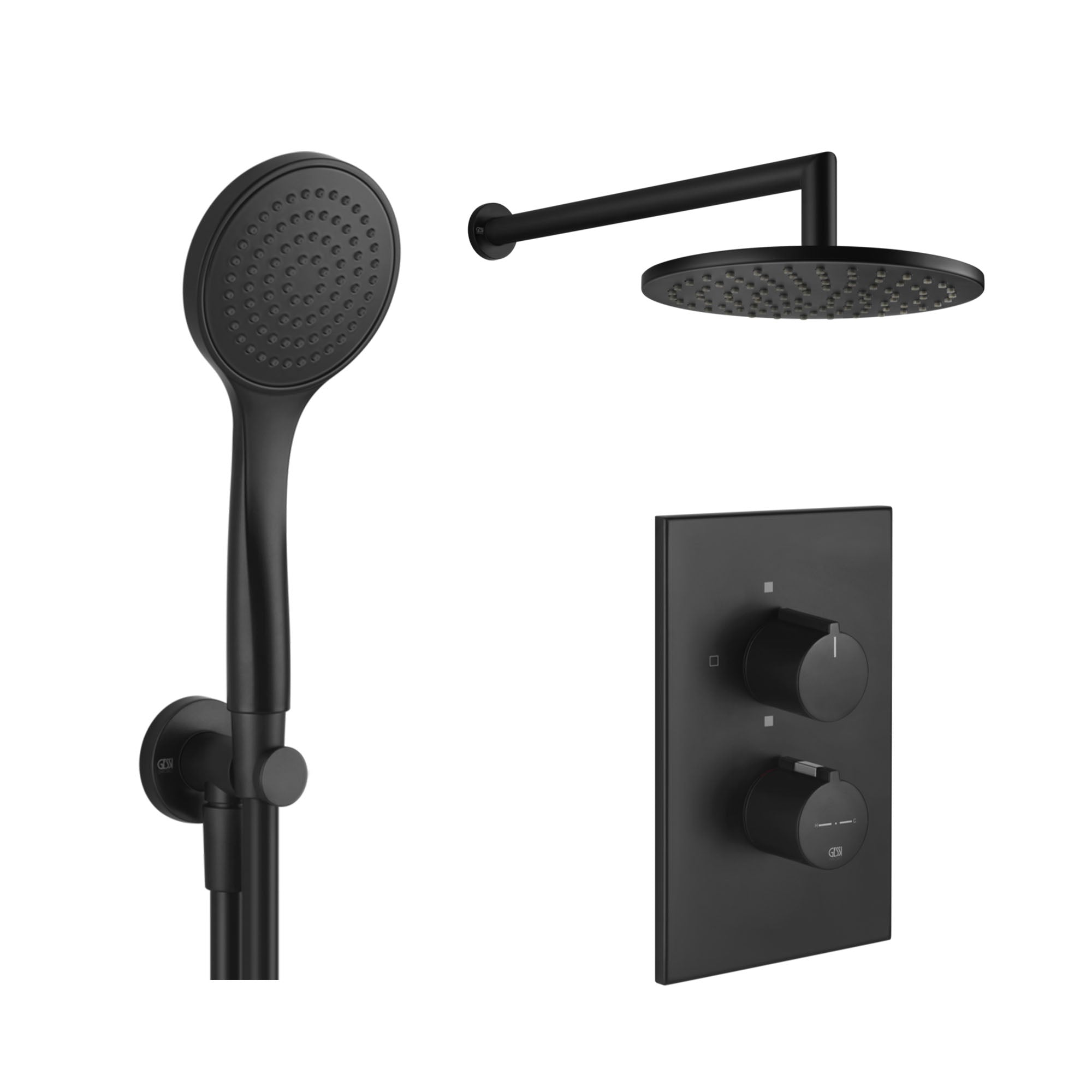 gessi dual outlet thermostatic shower valve with handset and overhead matt black