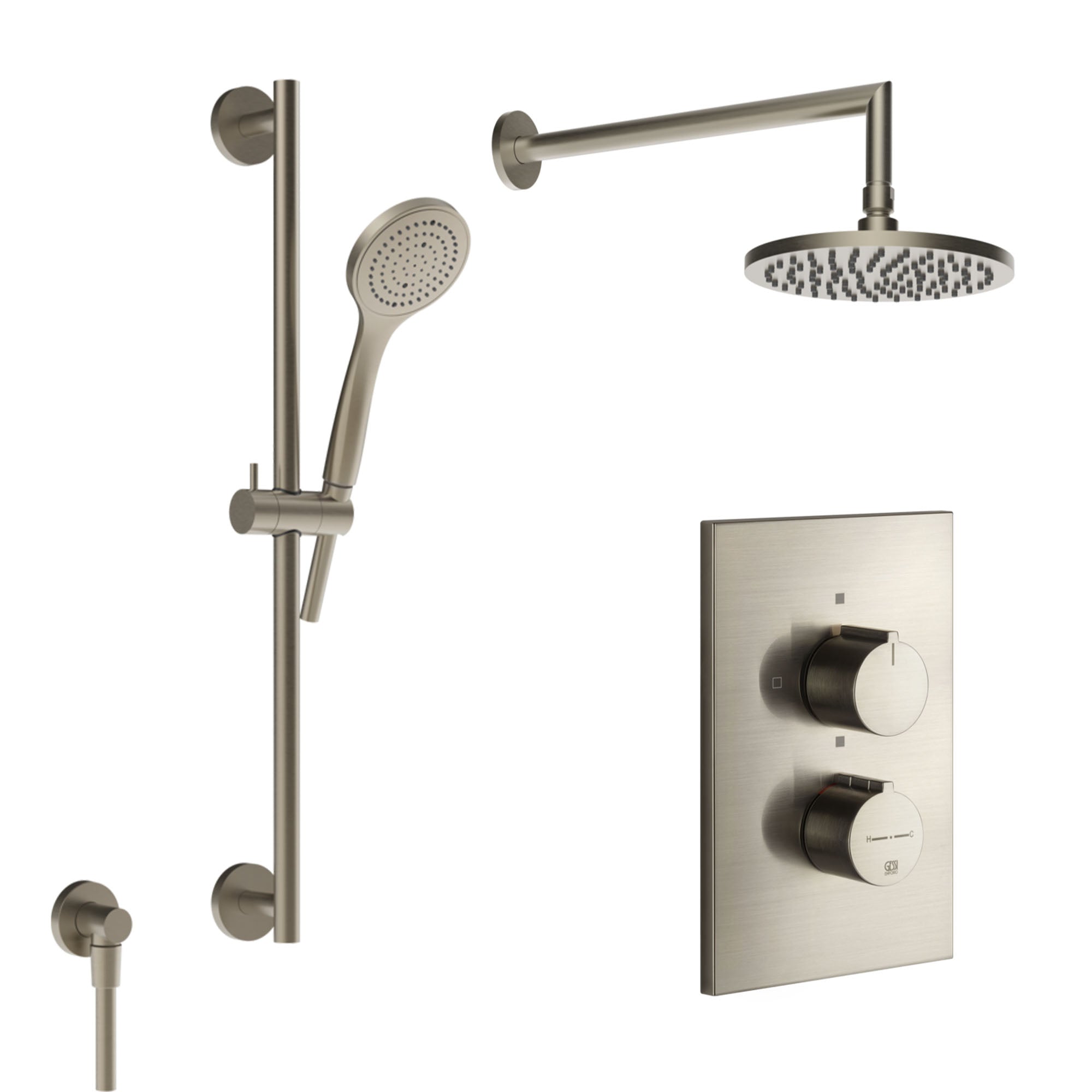 gessi dual outlet thermostatic shower valve with slide rail handset and overhead finox brushed nickel