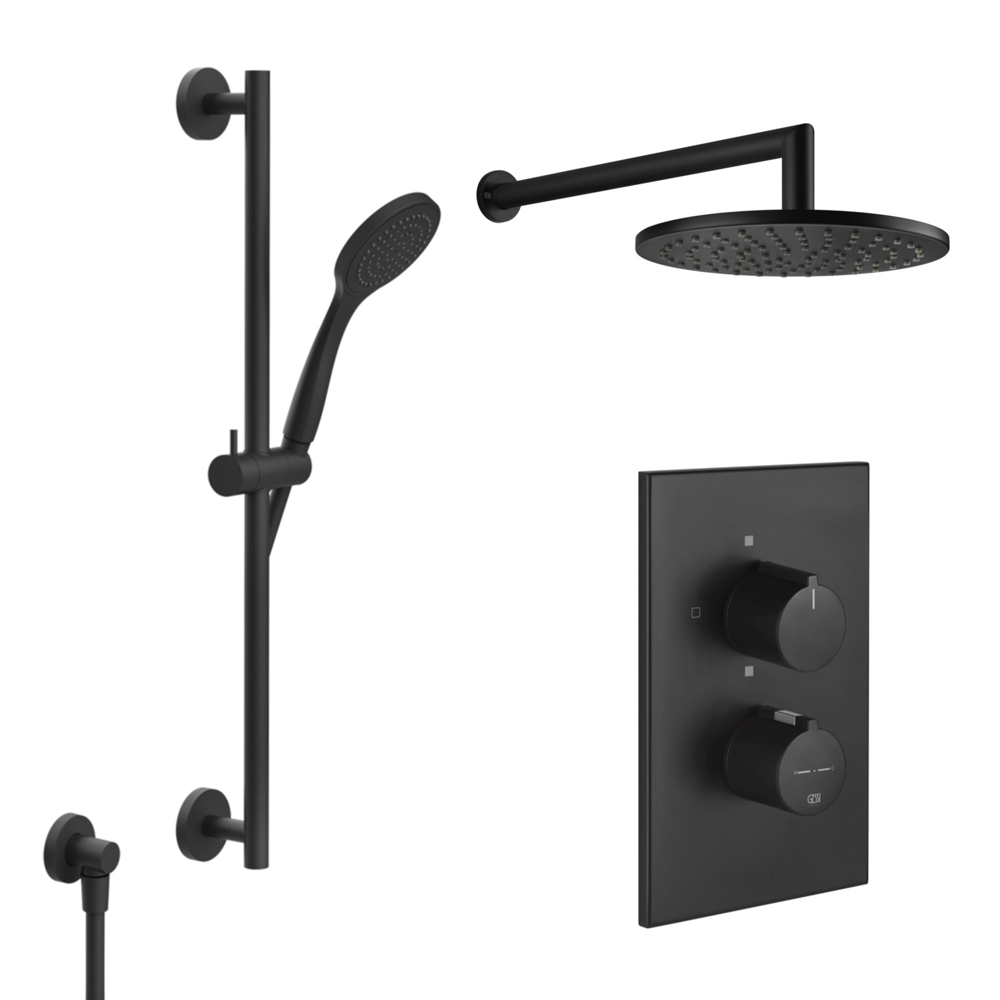 gessi dual outlet thermostatic shower valve with slide rail handset and overhead matt black