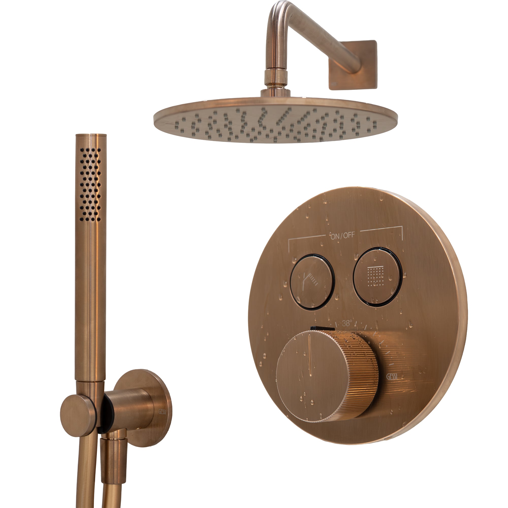 Manzoni Dual Outlet Thermostatic Shower Valve with Pencil Handset and 250 Overhead - Warm Bronze Brushed