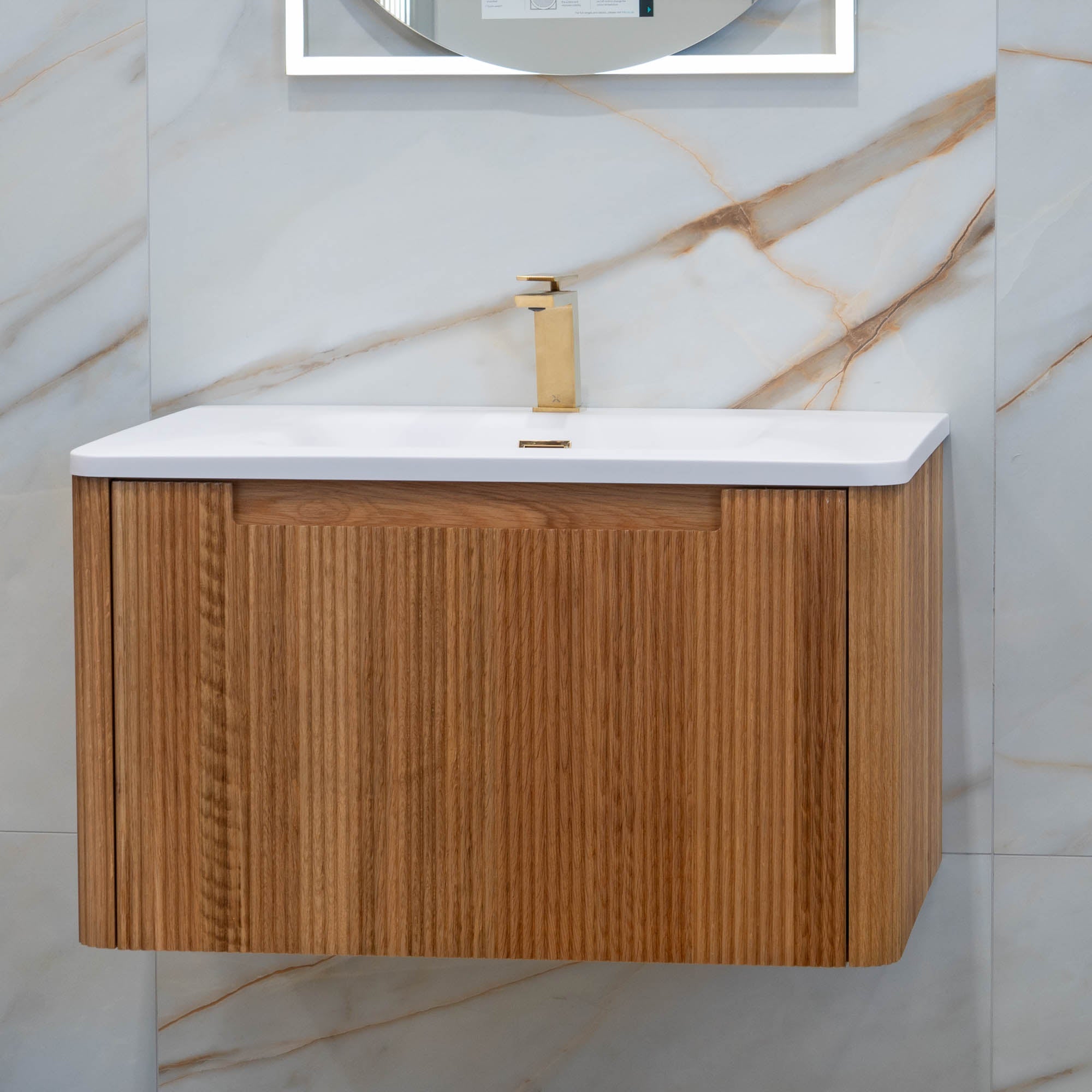 Granlusso™ Amalfi Oak Fluted Wall Mounted Vanity Unit With Solid Surface Washbasin