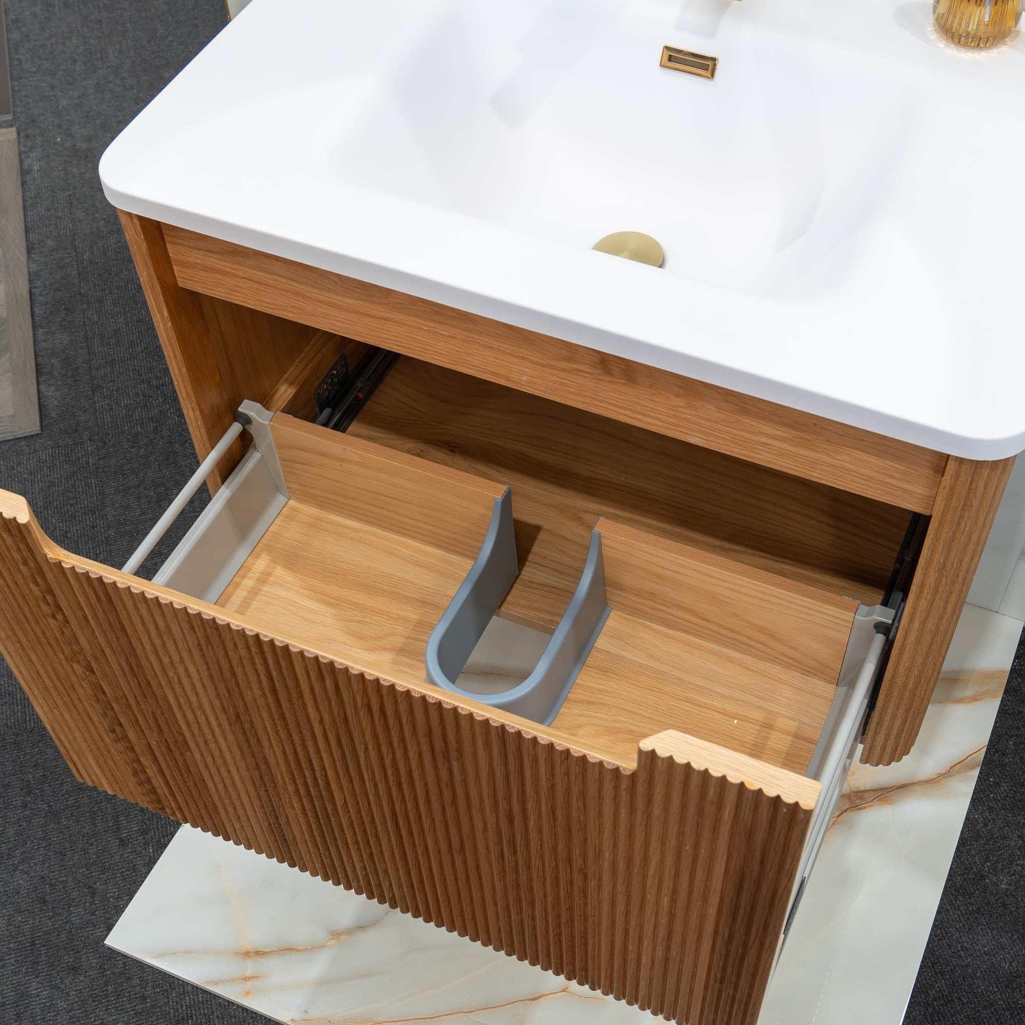 Granlusso™ Amalfi Oak Fluted Wall Mounted Vanity Unit With Solid Surface Washbasin