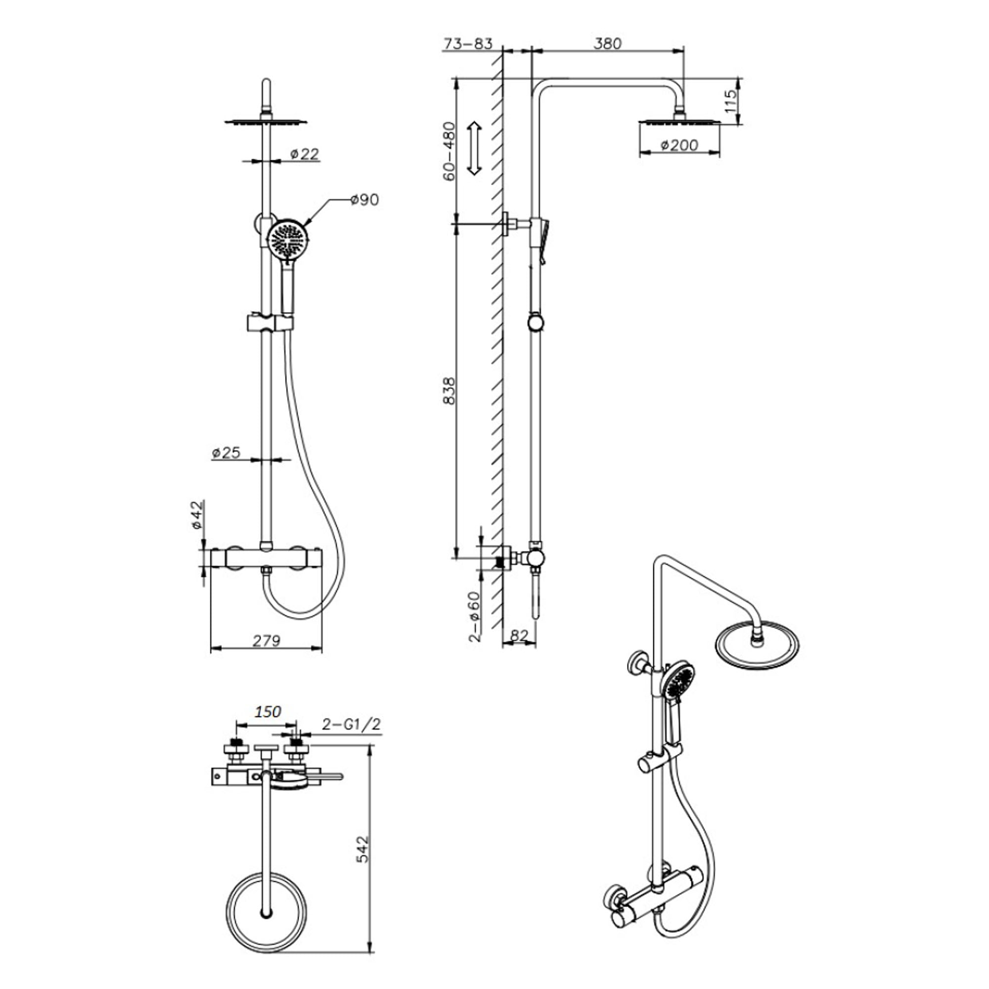 granlusso cool touch exposed rainhead dual shower dimensions