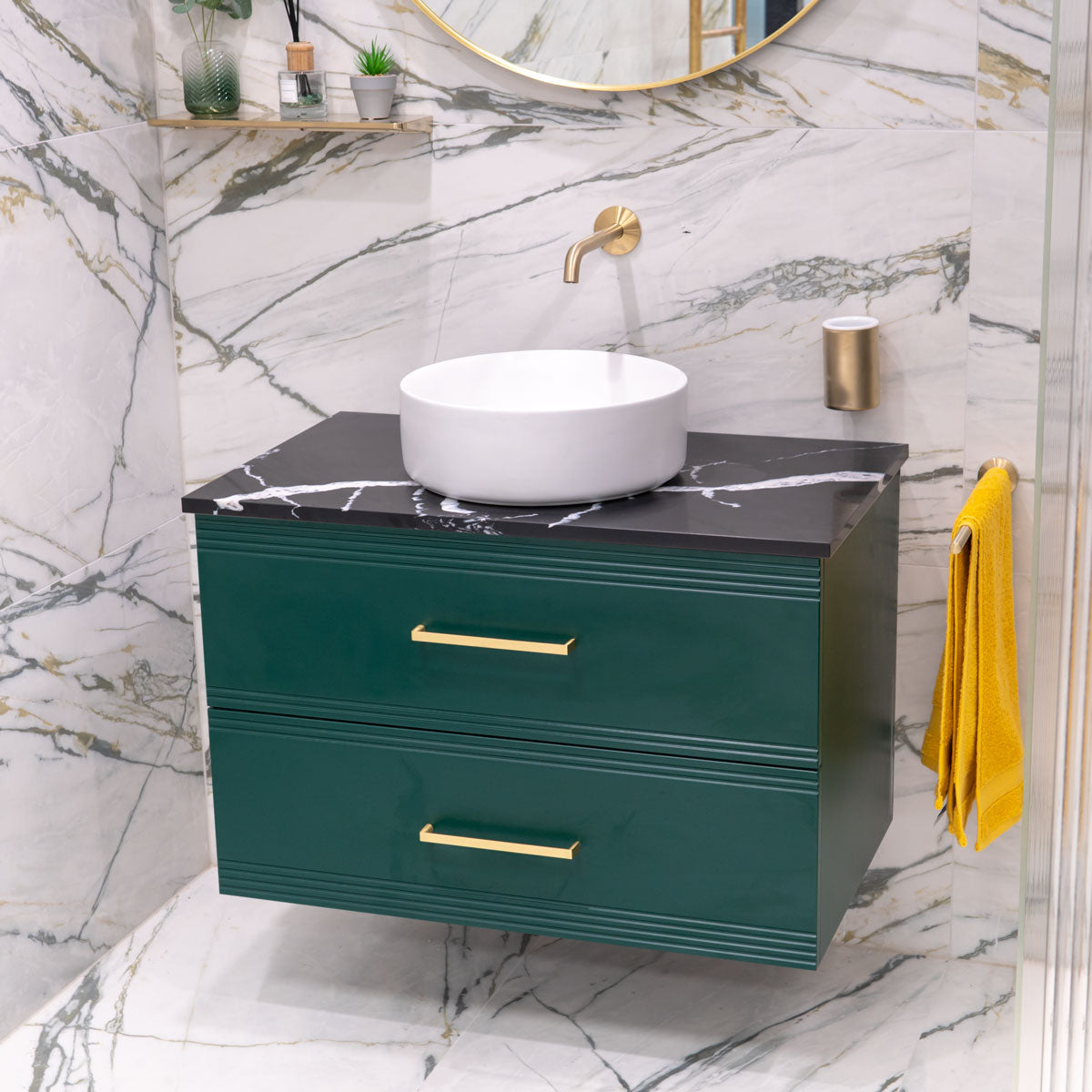 Granlusso™ Galleria Wall Mounted  2-Drawer Vanity Unit With Nero Marquina Worktop - Deep Emerald