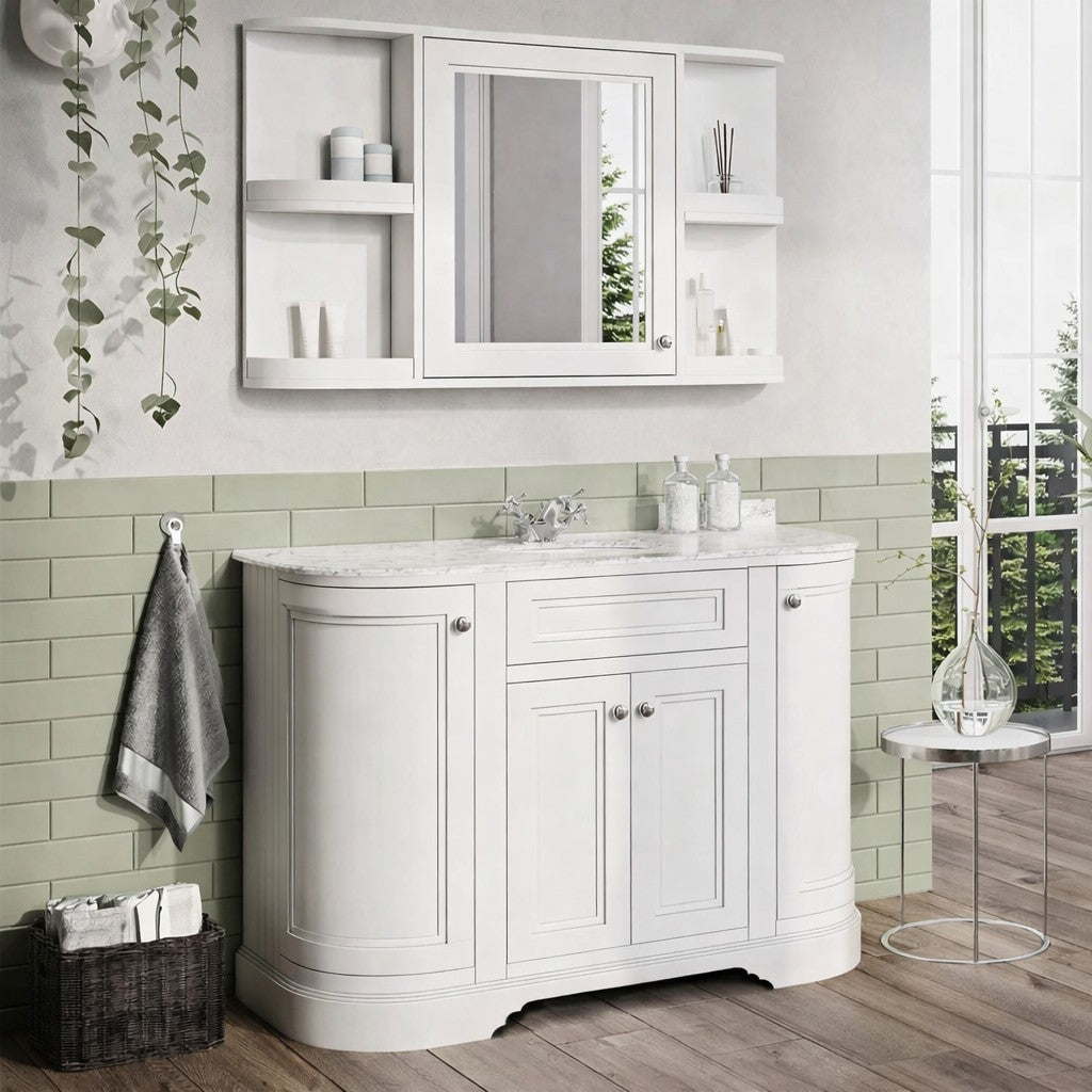 hampton 1200 curved floor standing vanity unit with marble effect worktop and basin matt white