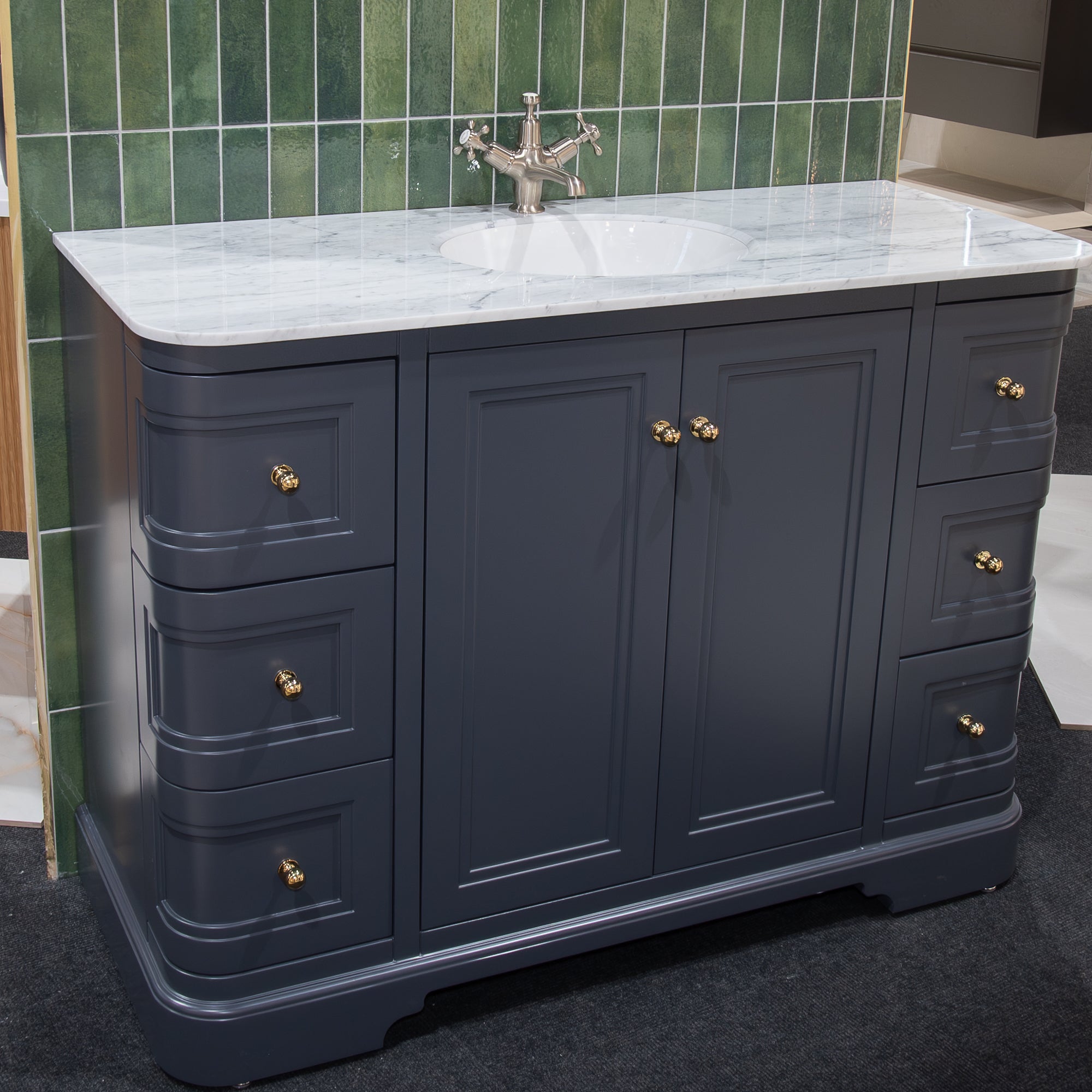 Granlusso New Hampton 1200 Floorstanding Vanity Unit With Marble Carrara Worktop and Basin - midnight grey matt