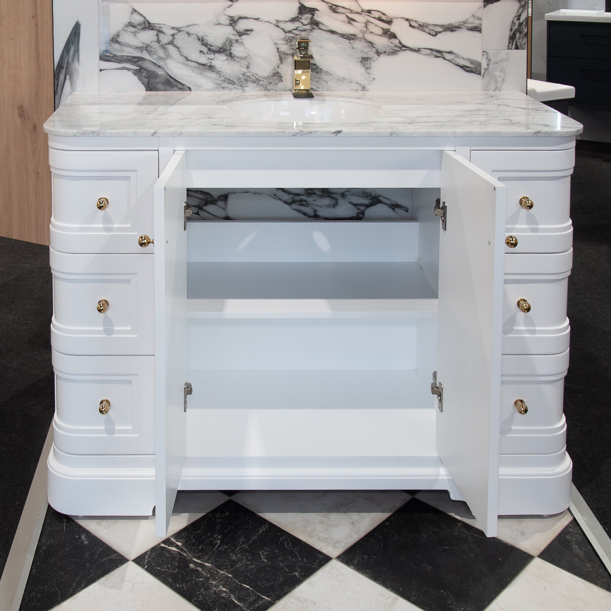 Granlusso New Hampton 1200 Floorstanding Vanity Unit With Marble Carrara Worktop and Basin - white matt