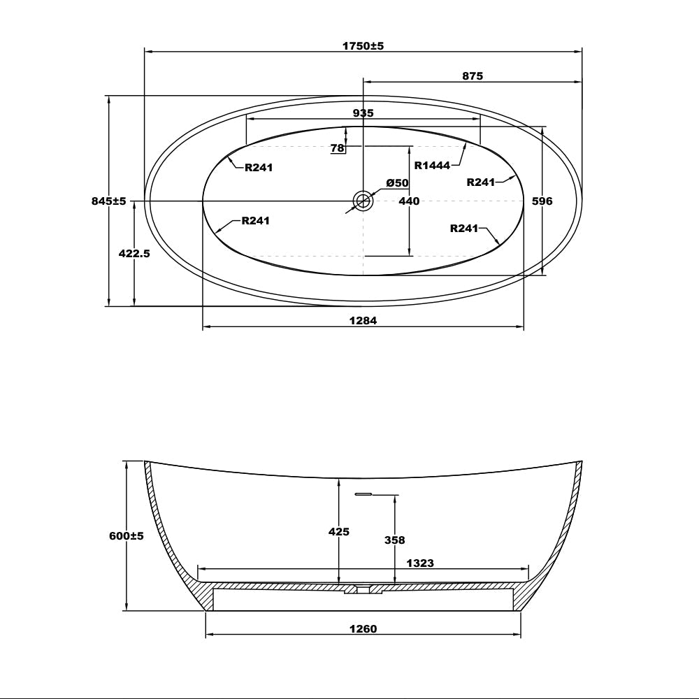 Granlusso™ Palermo 1750mm Marble Effect Freestanding Stone Bath Dimensions Diagram