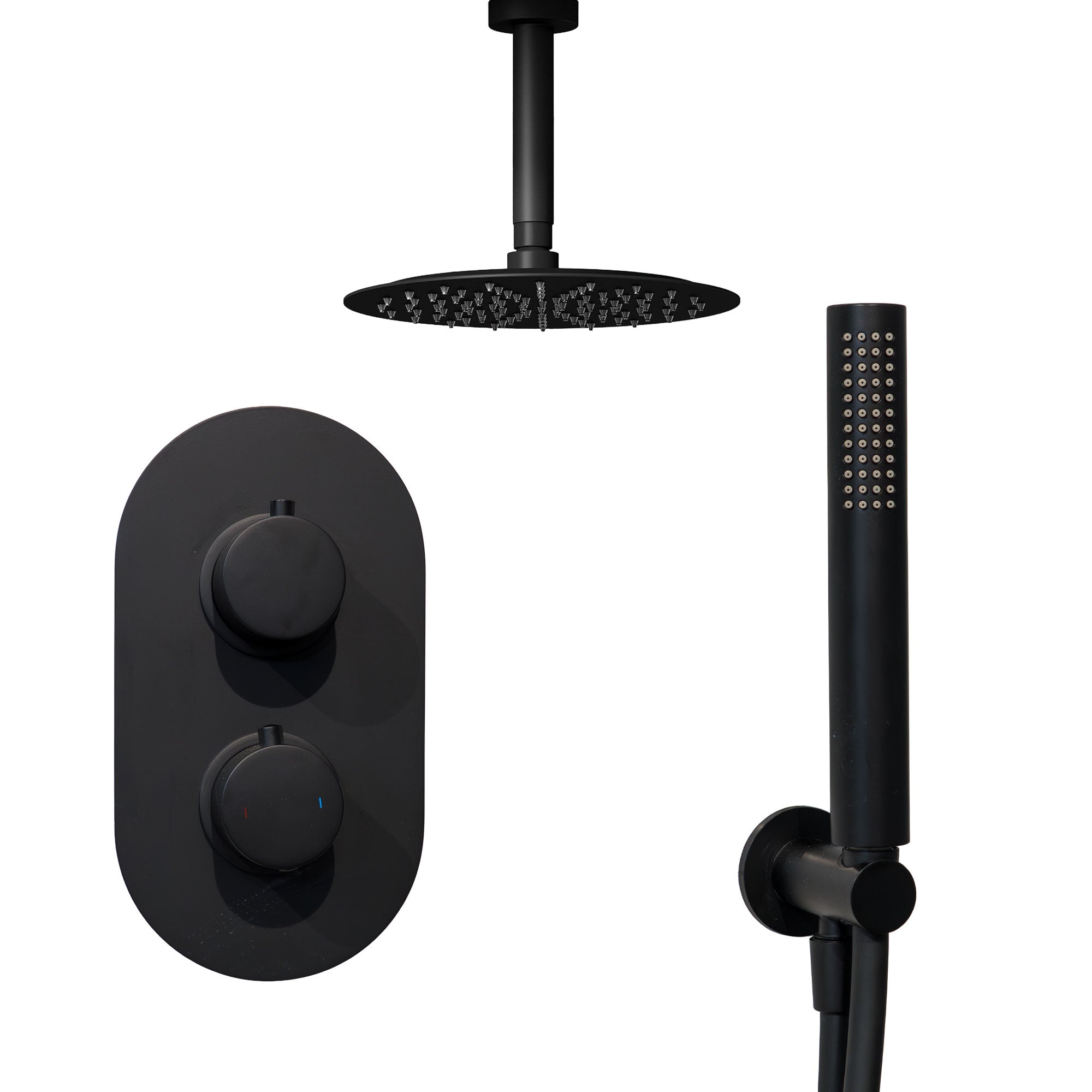 Black shower head, control valve, and handheld shower on a white background at deluxe bathrooms Ireland