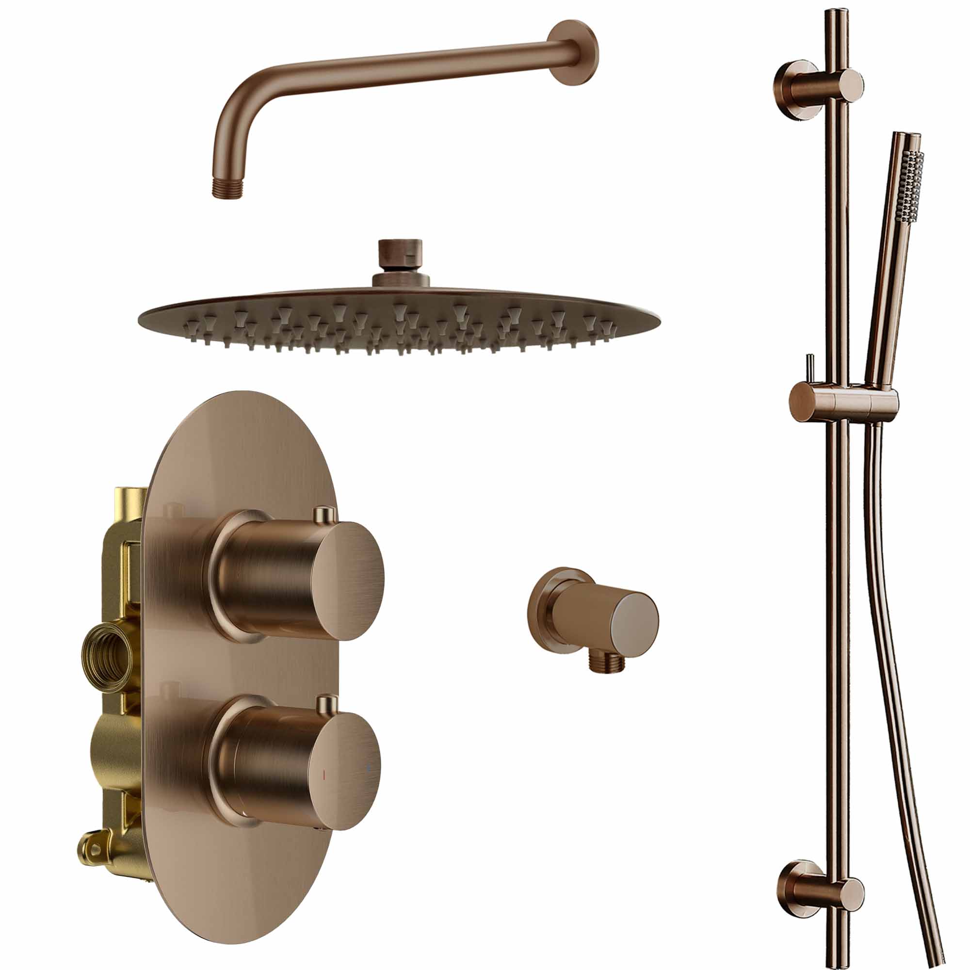 granlusso portofino 2 outlet thermostatic shower valve with slide rail pencil handset and fixed overhead brushed bronze