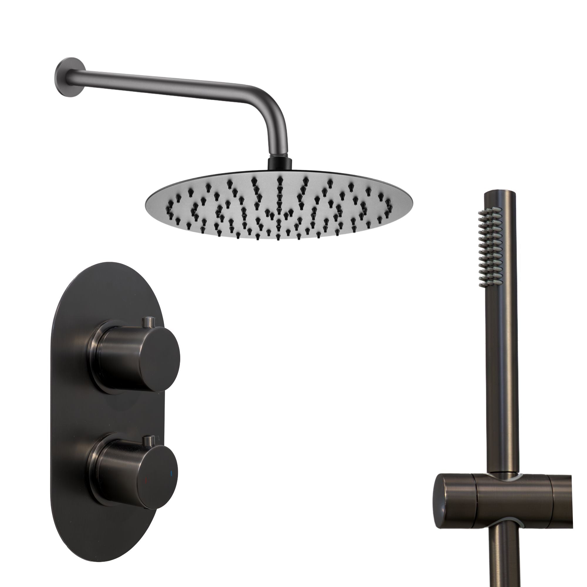 Portofino Shower head, control valve, and handheld shower gunmetal on a white background deluxe bathrooms
