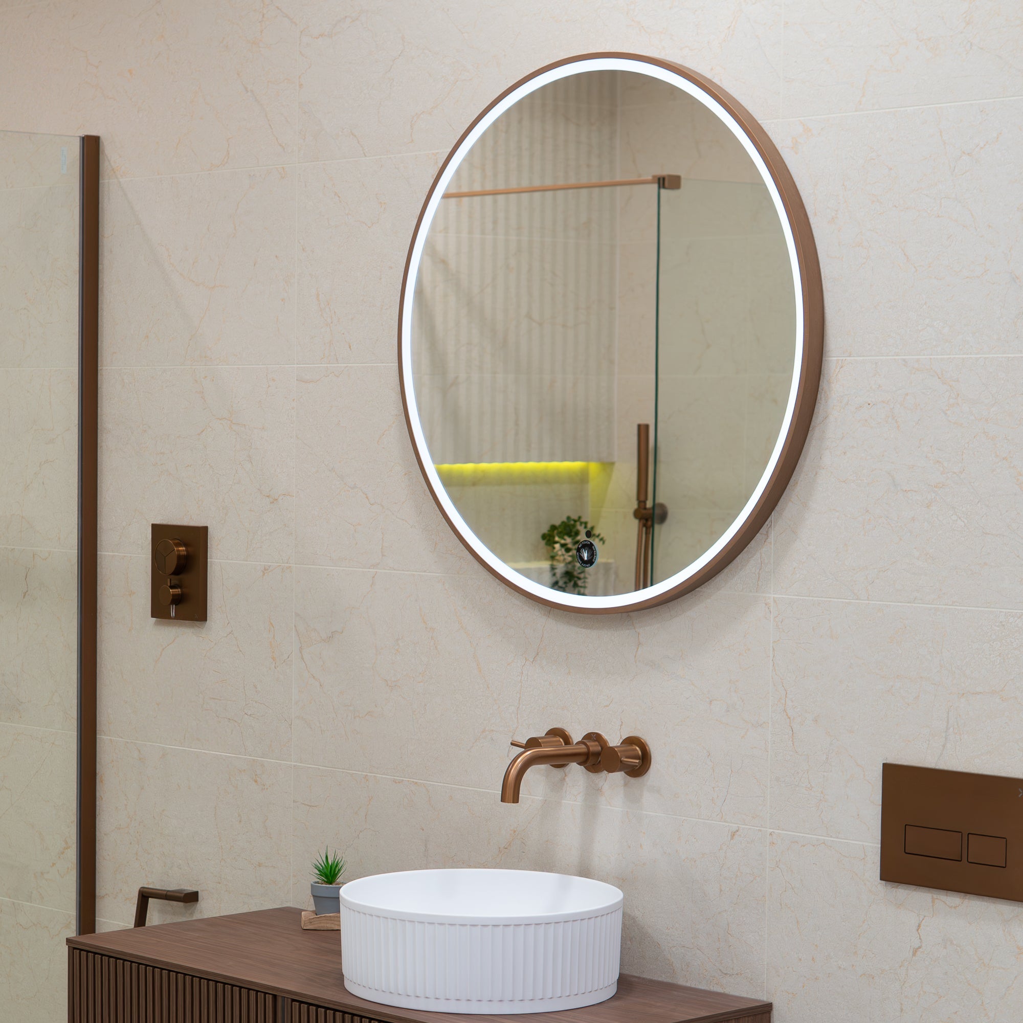 Granlusso Rocco Round LED Mirror with Brushed Bronze Effect Frame