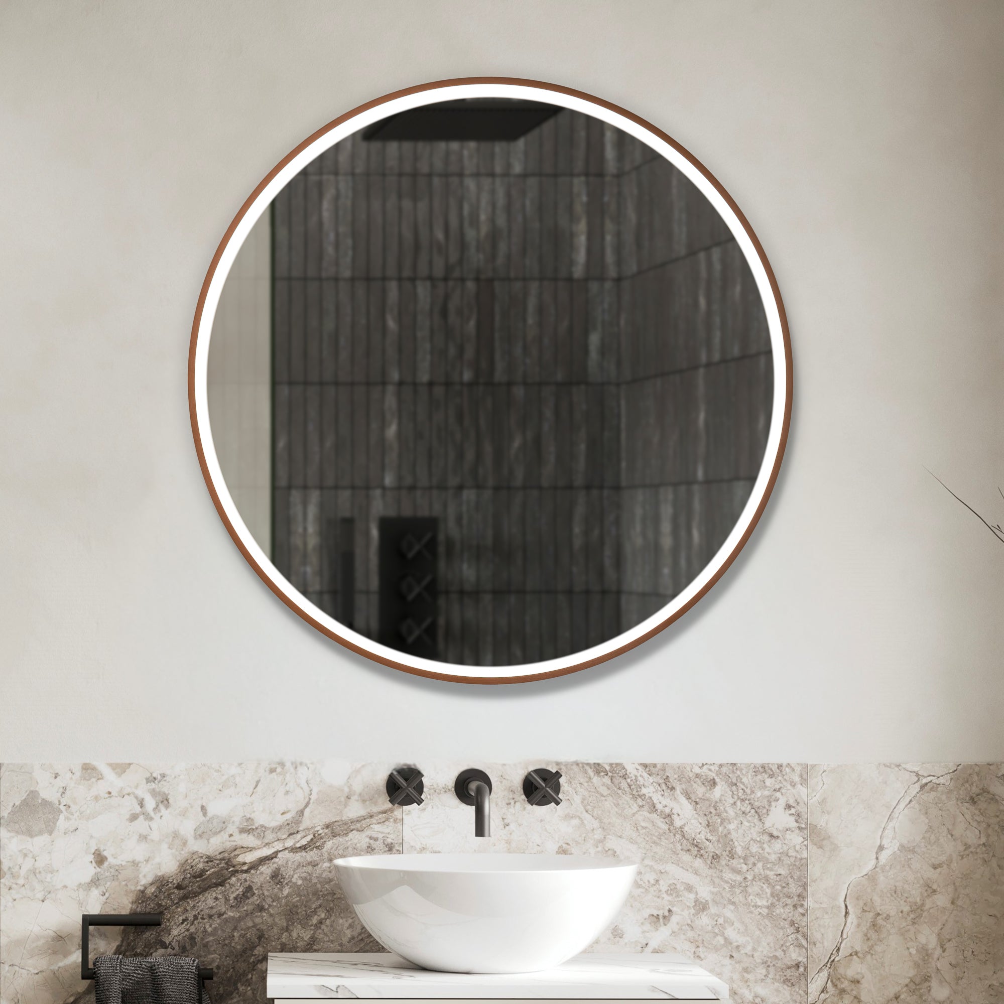 Granlusso Rocco Round LED Mirror with Brushed Bronze Effect Frame