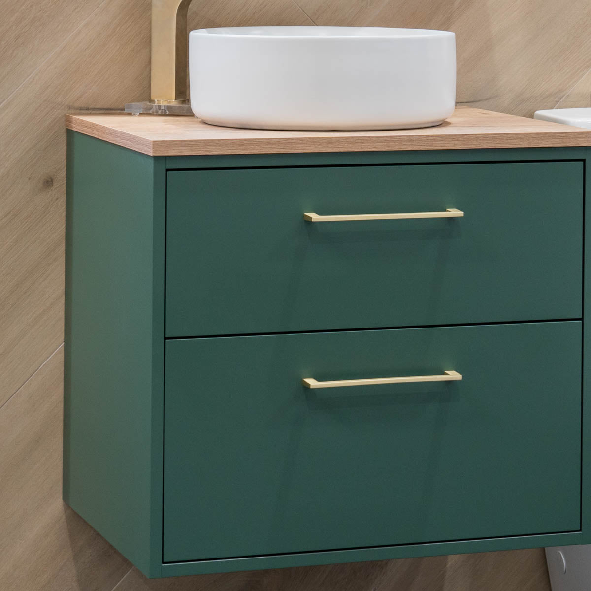 Granlusso Serenity Green Wall Hung Vanity Unit With Oak Worktop and Open Shelves