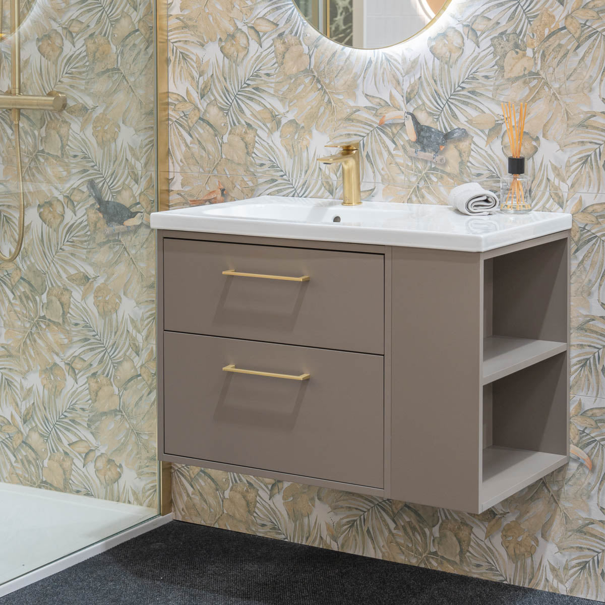 Granlusso Serenity Wall Hung Vanity Unit With Offset Basin and Open Shelves