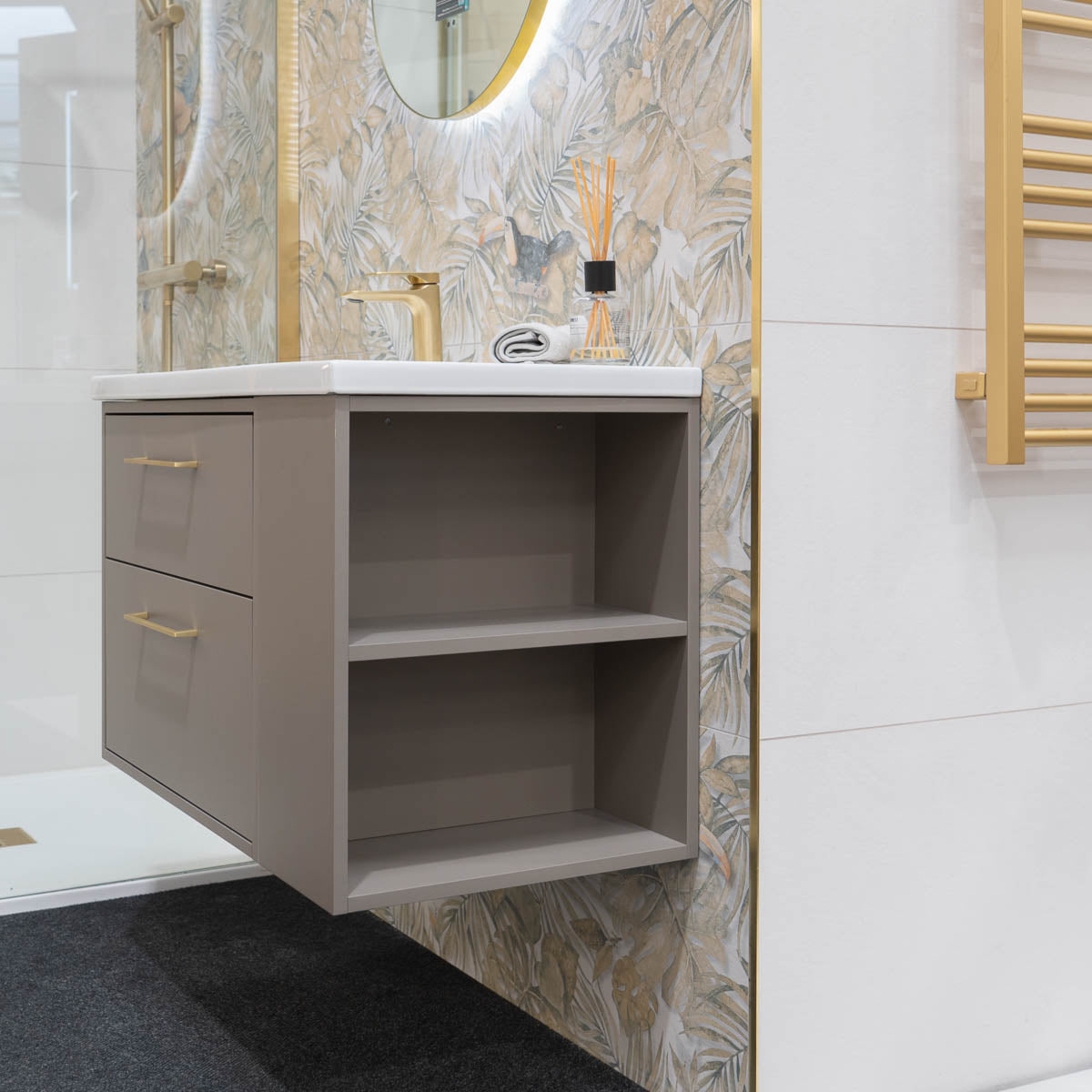 Granlusso Serenity Wall Hung Vanity Unit With Offset Basin and Open Shelves