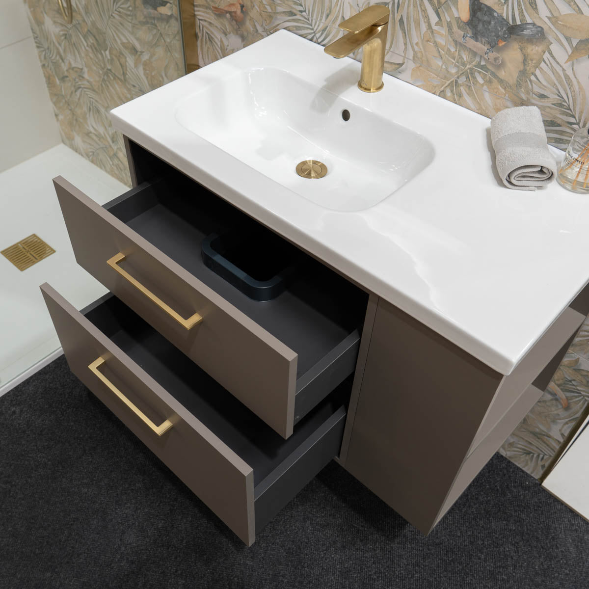 Granlusso Serenity Wall Hung Vanity Unit With Offset Basin and Open Shelves